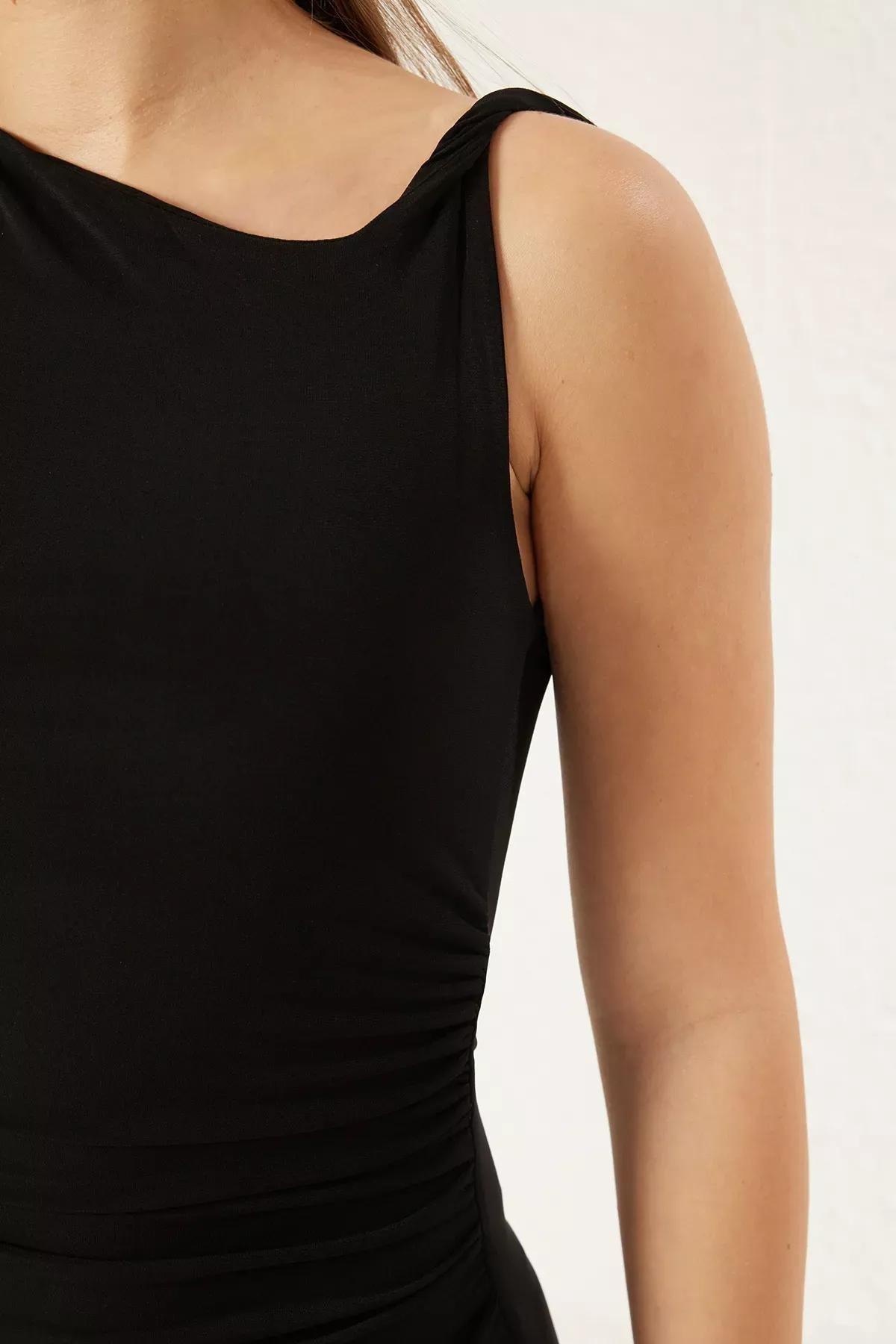 Black Fitted Gather Drape Knit Midi Dress, , large image number 3