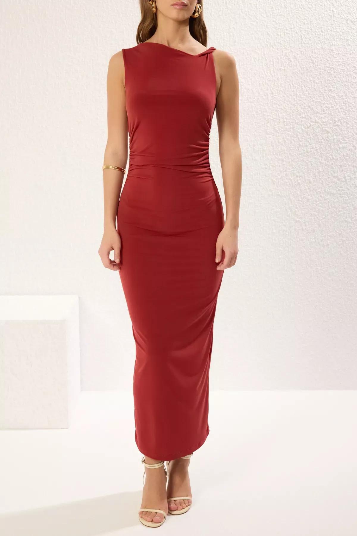 Red Plain Gathered Midi Stretchy Knitted Dress, , large image number 2