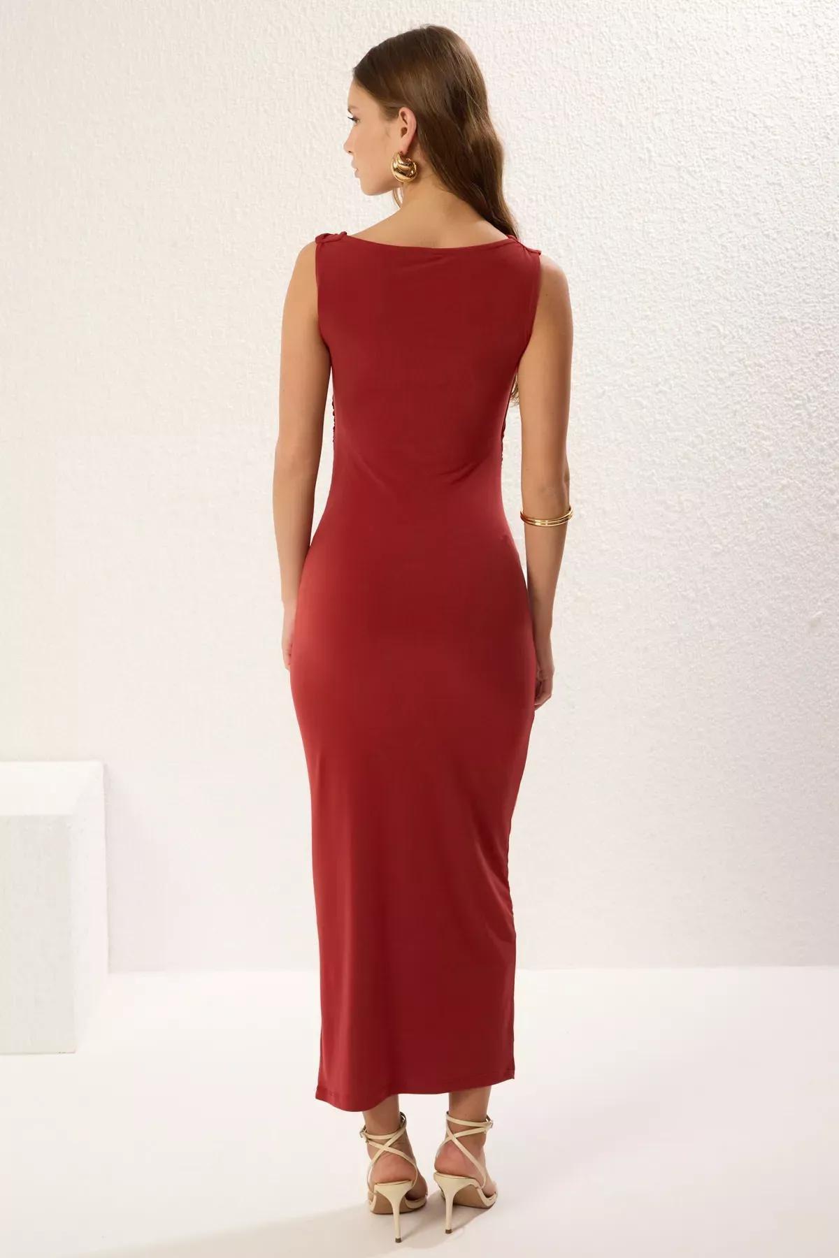 Red Plain Gathered Midi Stretchy Knitted Dress, , large image number 4