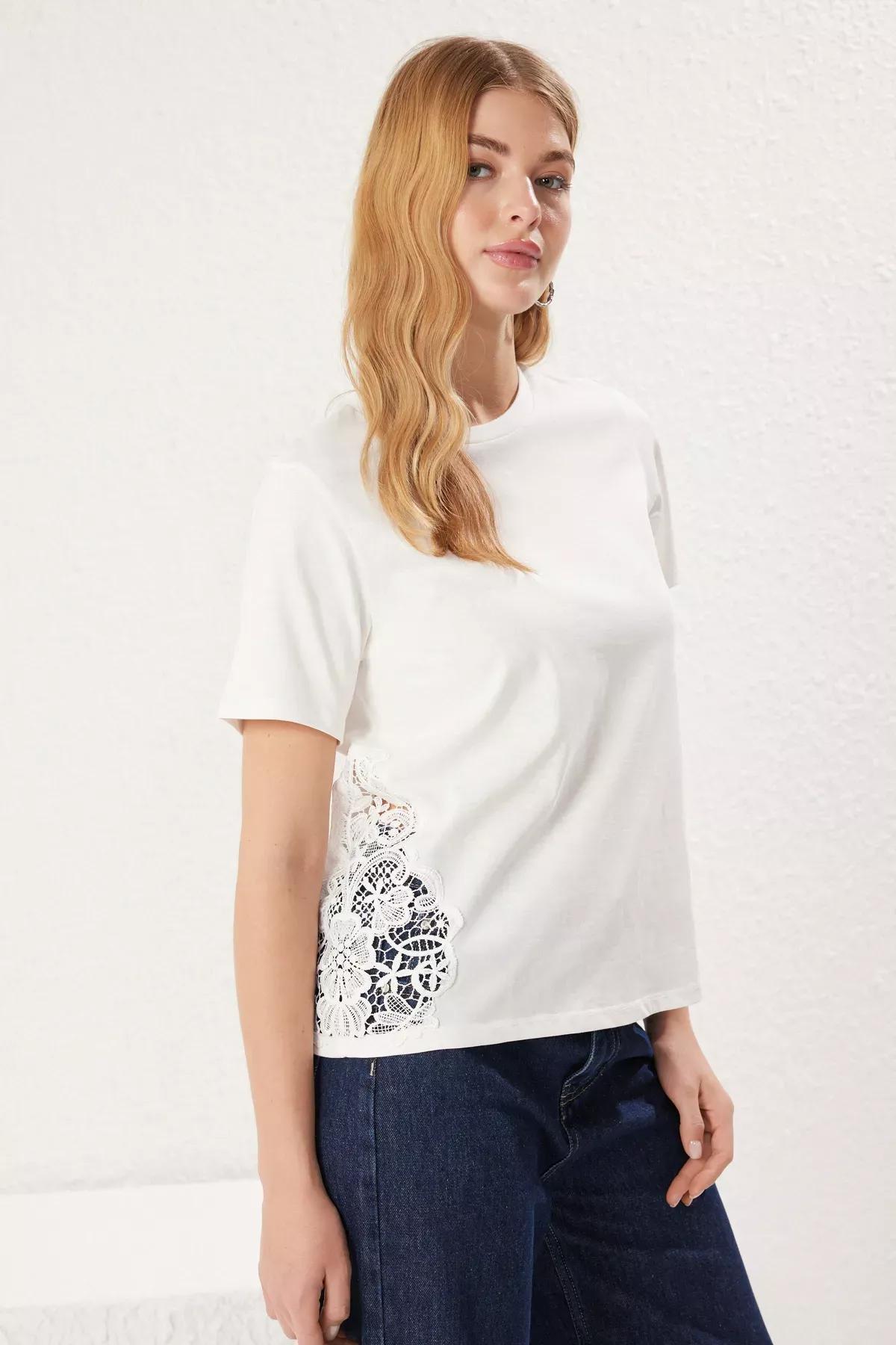 Beige Lace Detail Knitted T-Shirt, Ecru, large image number 0