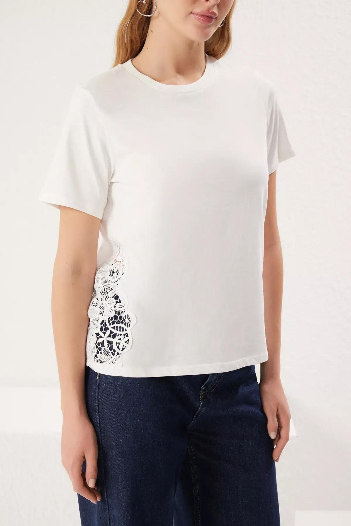 Beige Lace Detail Knitted T-Shirt, Ecru, large image number 2