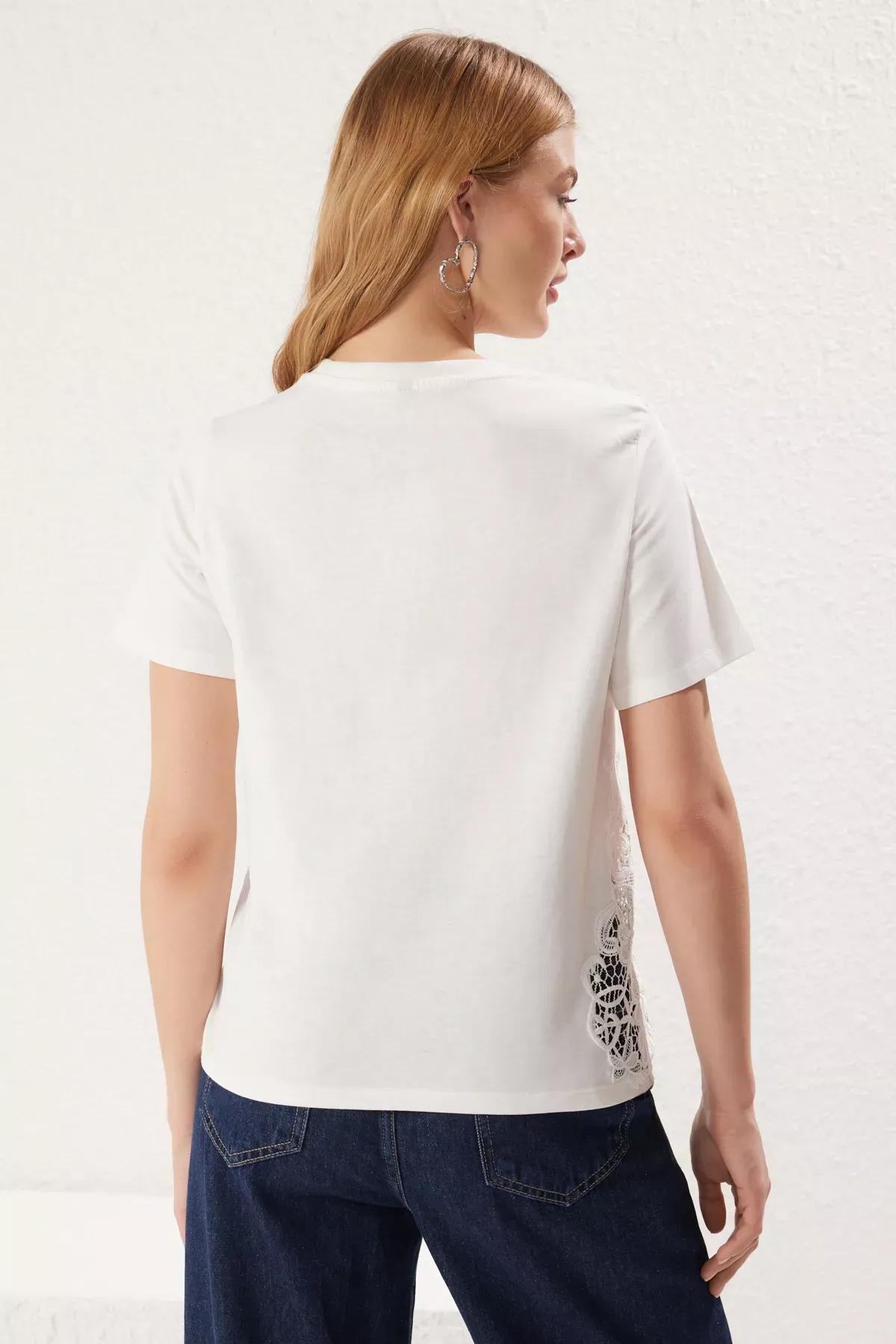 Beige Lace Detail Knitted T-Shirt, Ecru, large image number 4