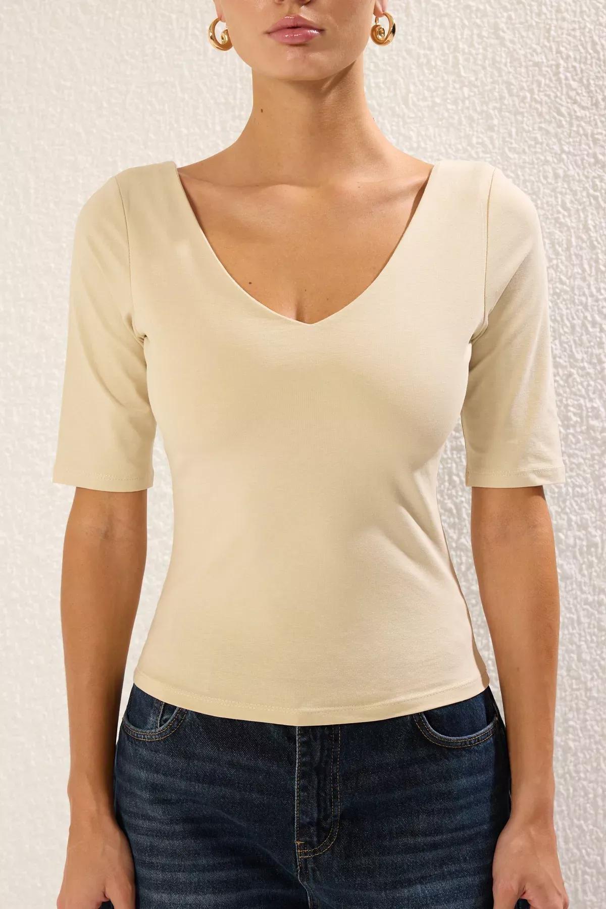 Beige Backless V-Neck Blouse, STONE, large image number 2
