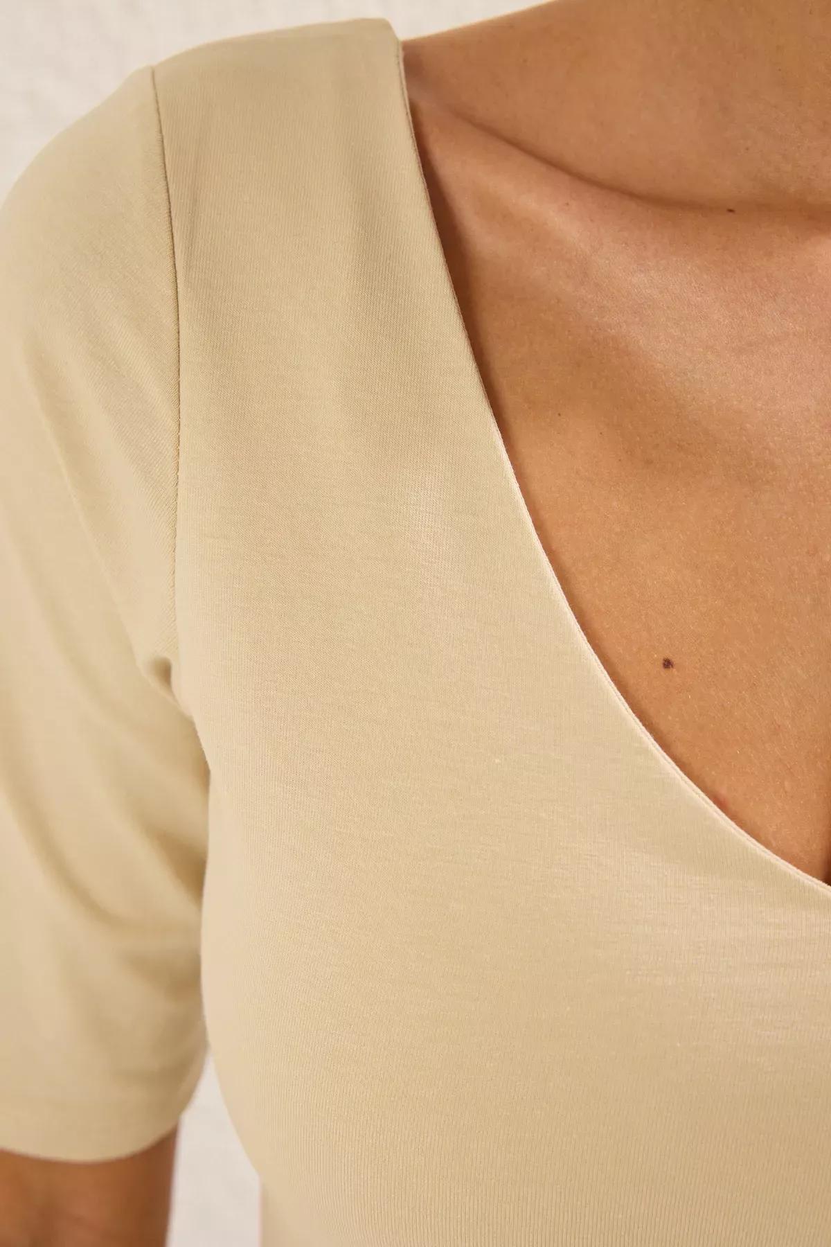 Beige Backless V-Neck Blouse, STONE, large image number 3