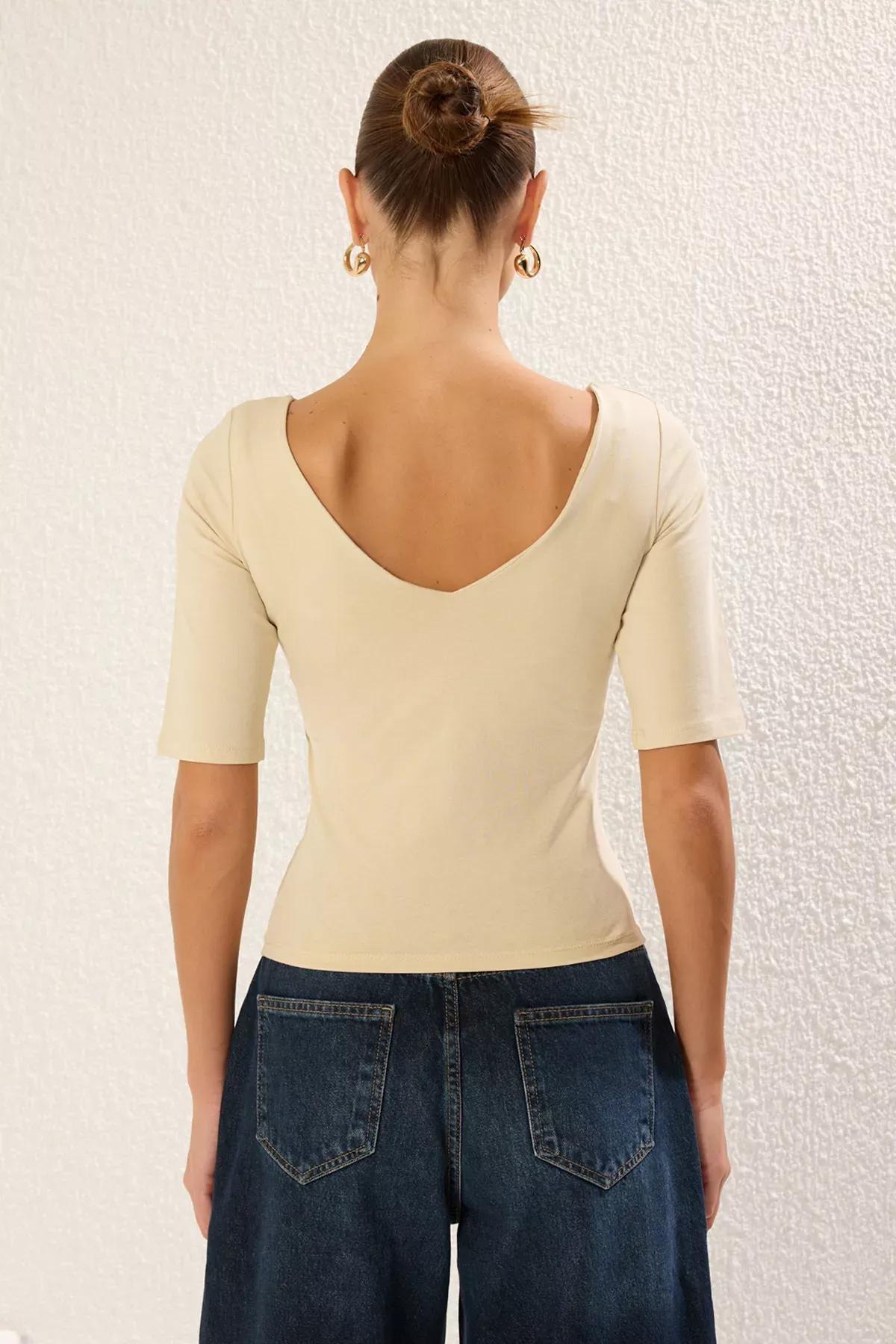 Beige Backless V-Neck Blouse, STONE, large image number 4