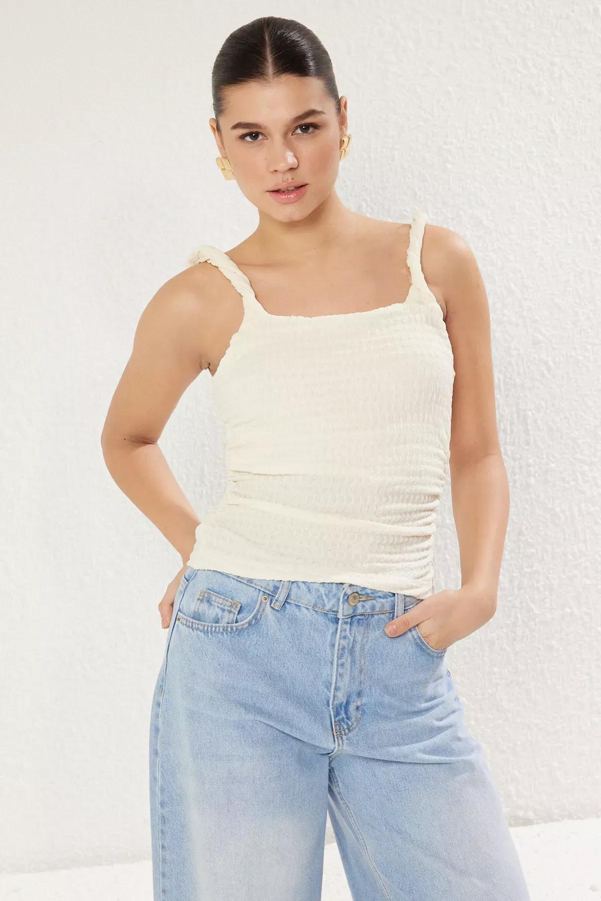 Beige Twisted Sleeve Detailed Blouse, Ecru, large image number 1