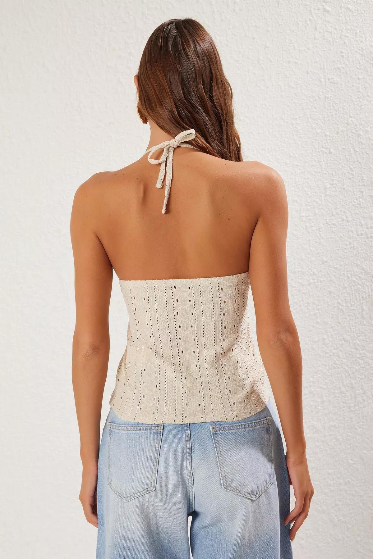 Beige Jacquard Binding Knitted Blouse, STONE, large image number 4