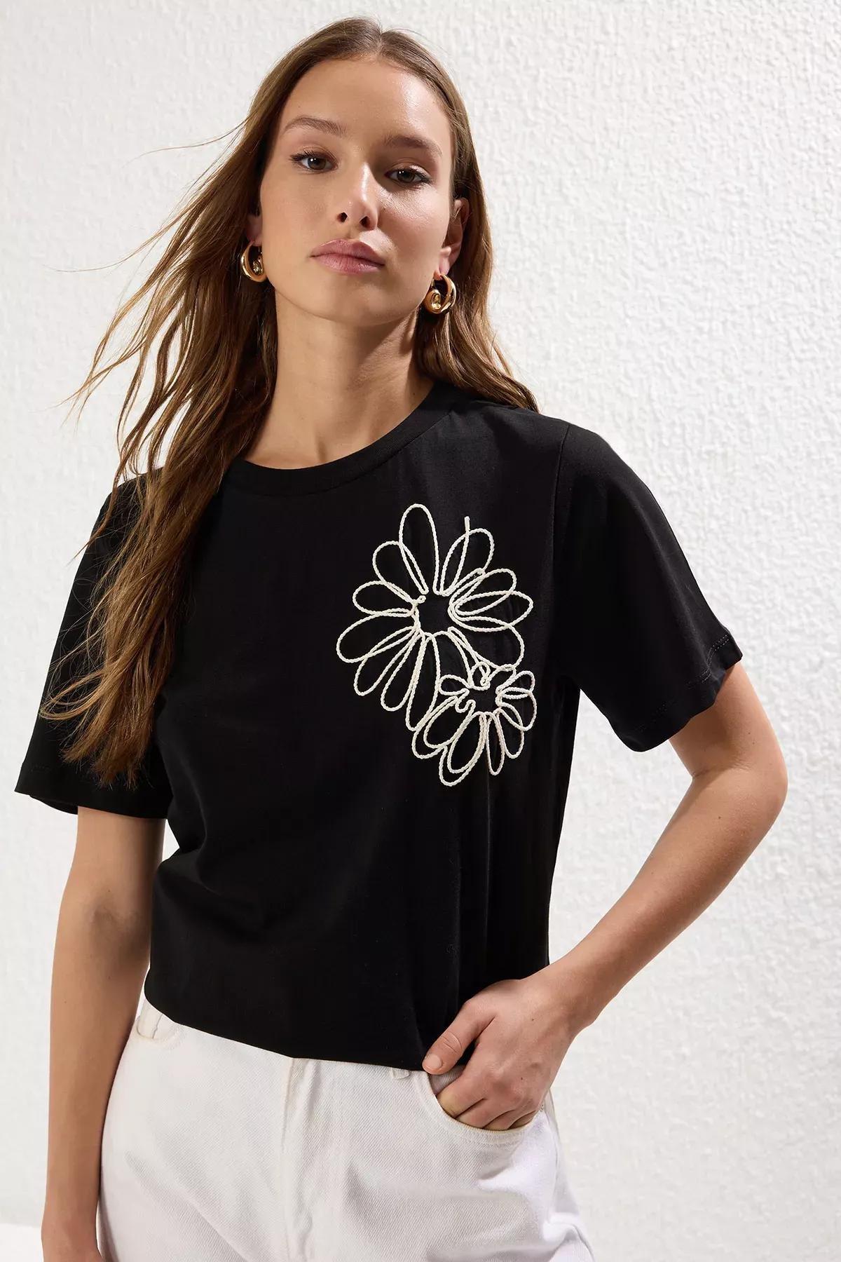 Black Flower Embroidered T-Shirt, BLACK, medium
