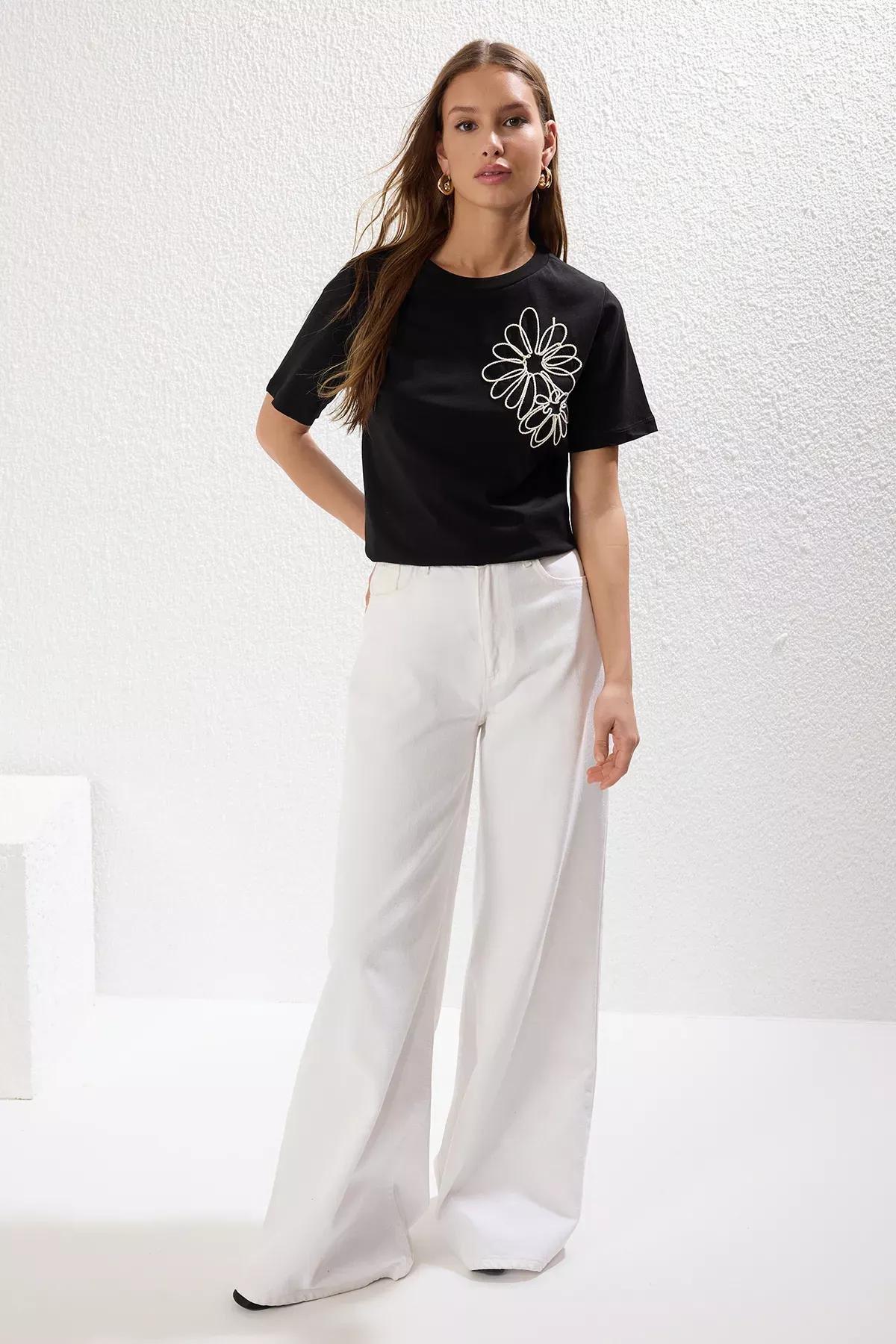 Black Flower Embroidered T-Shirt, BLACK, medium