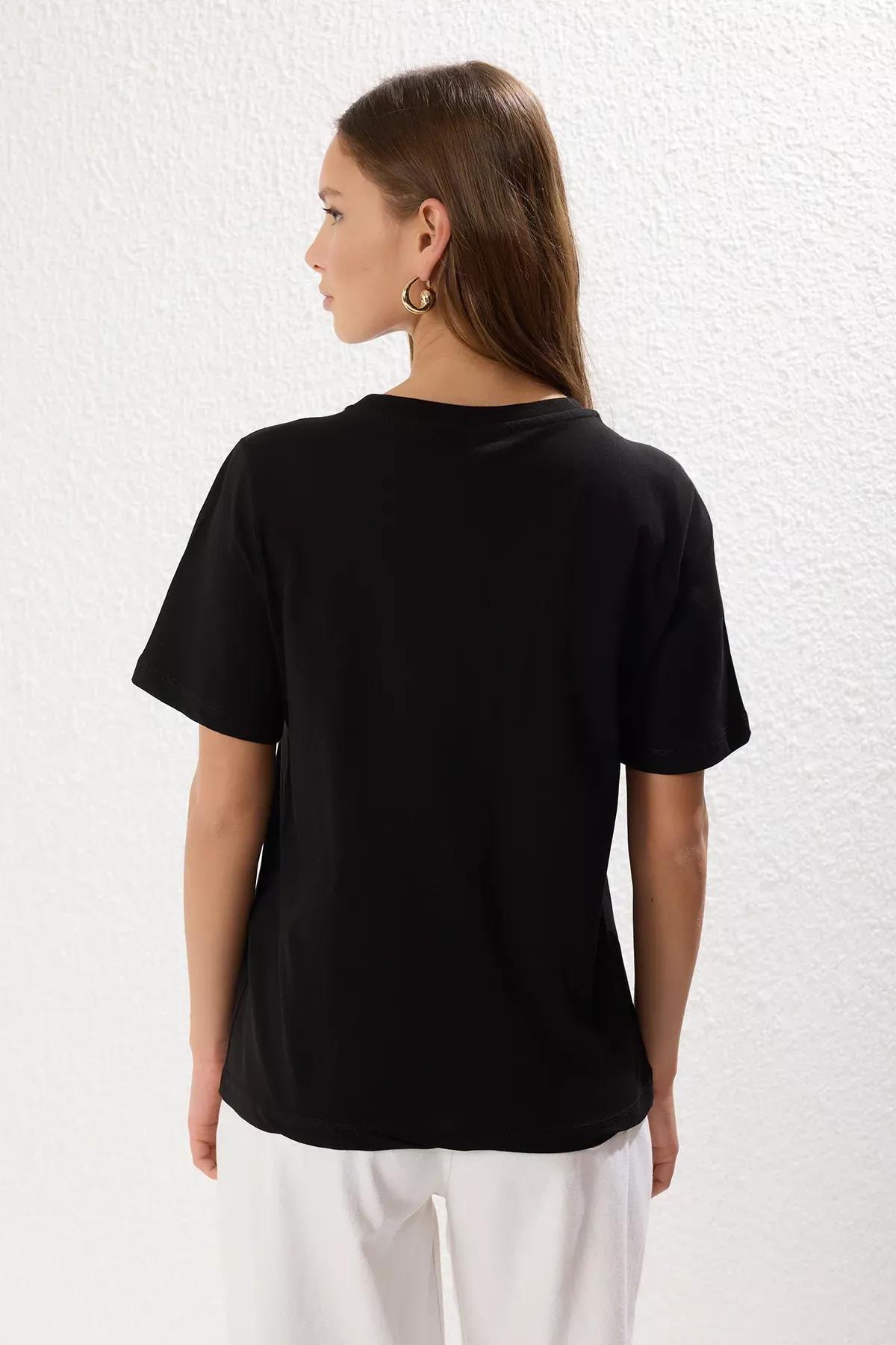 Black Flower Embroidered T-Shirt, , large image number 4