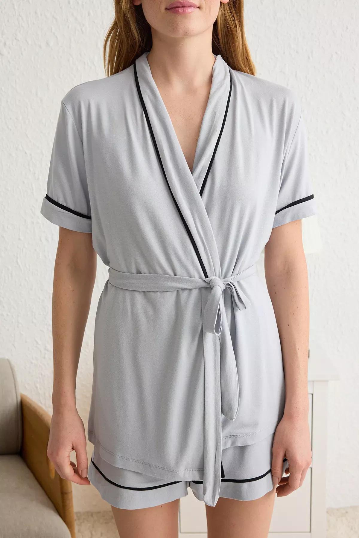 Grey Belted Binding Pajama Set with Shorts, , large image number 2