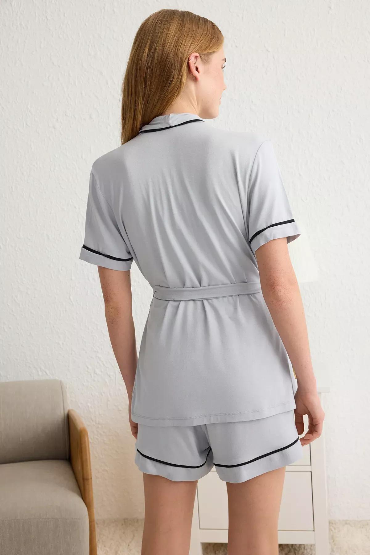 Grey Belted Binding Pajama Set with Shorts, , large image number 4