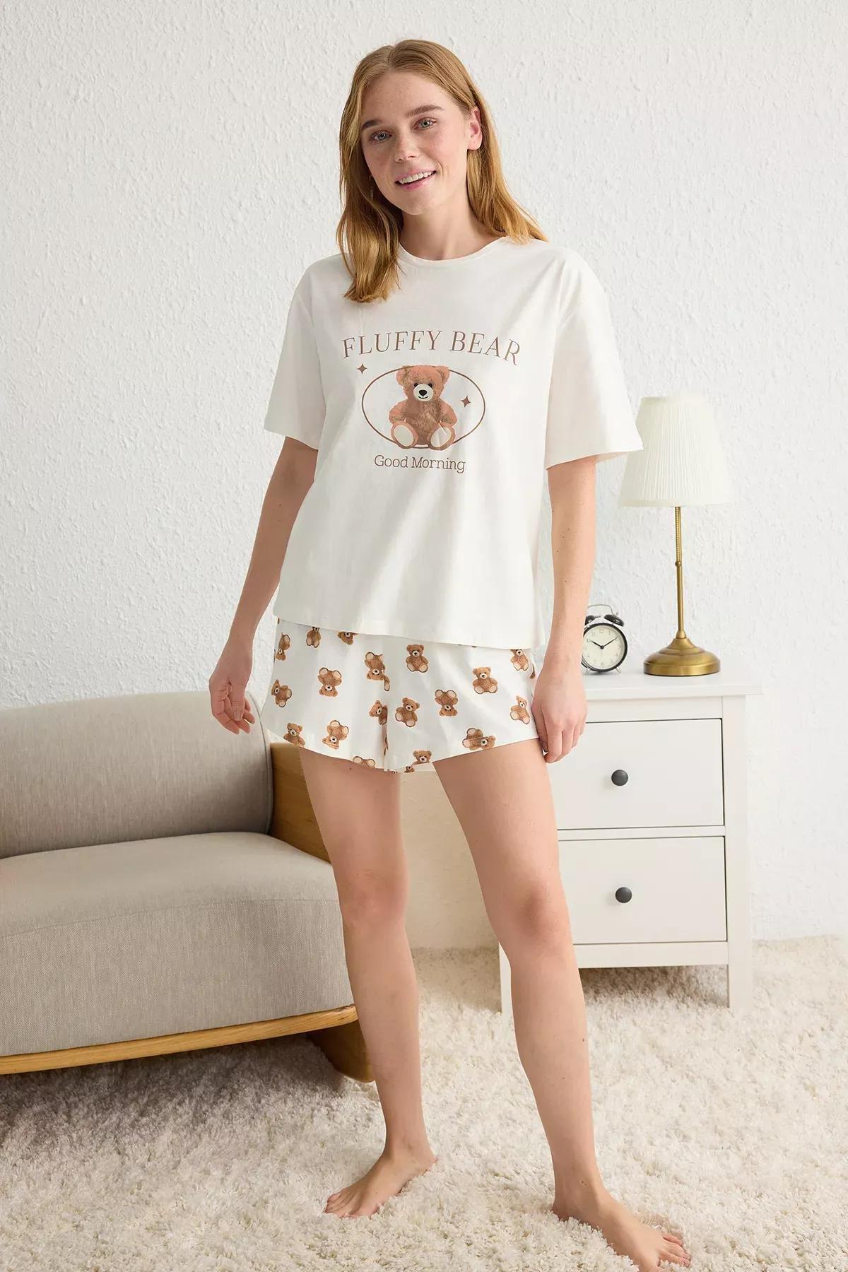 Beige Teddy Bear Slogan Printed Pajama Set, , large image number 0