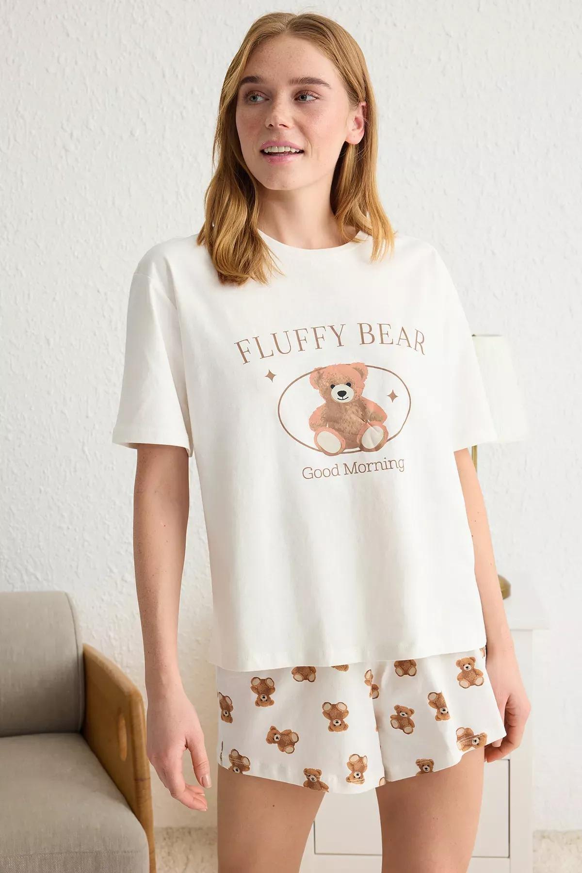 Beige Teddy Bear Slogan Printed Pajama Set, , large image number 2