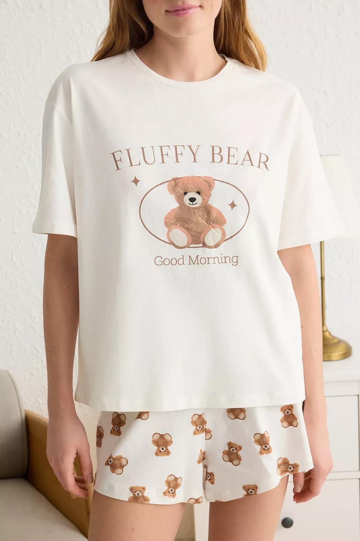 Beige Teddy Bear Slogan Printed Pajama Set, , large image number 3