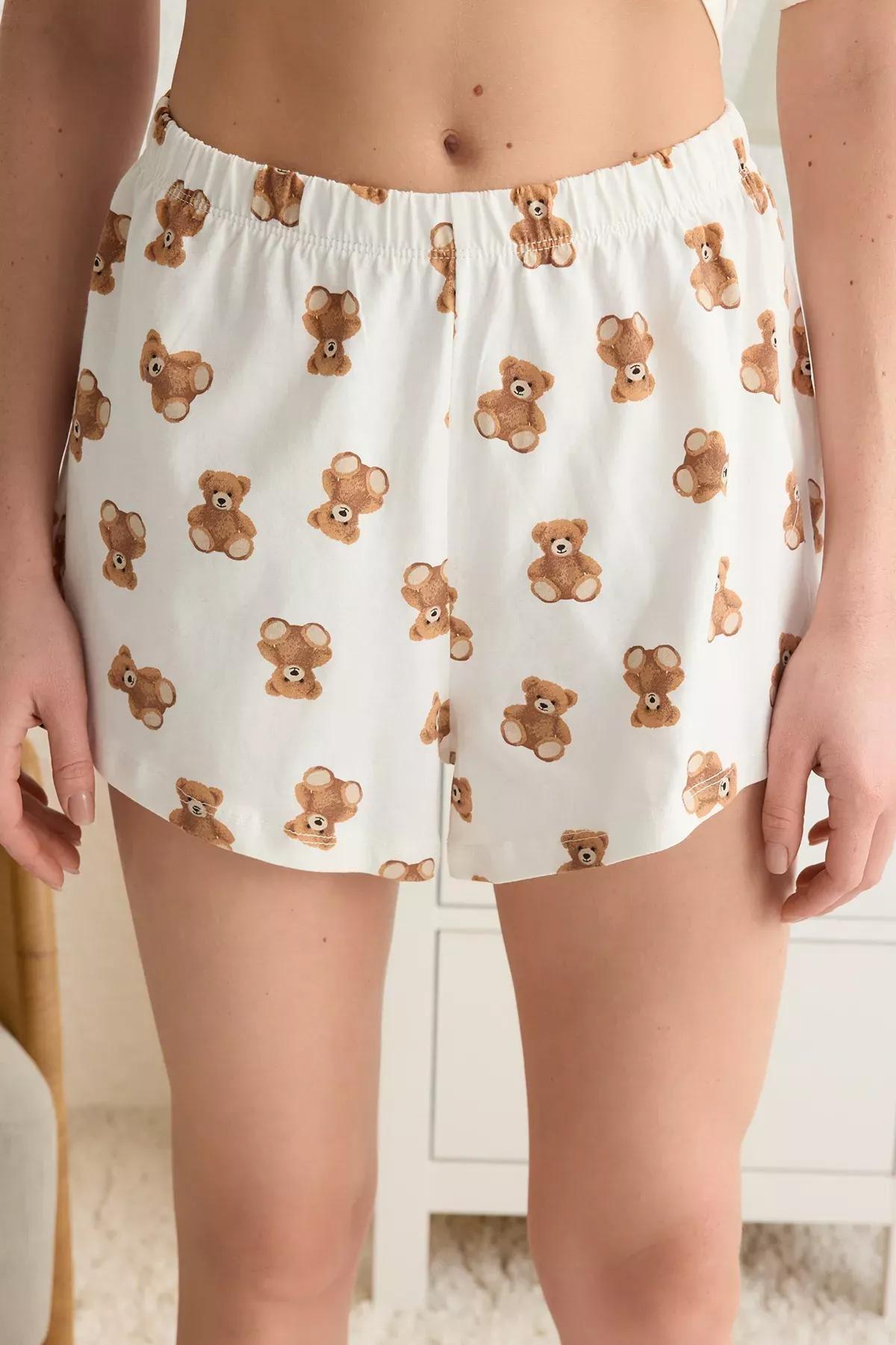 Beige Teddy Bear Slogan Printed Pajama Set, , large image number 4