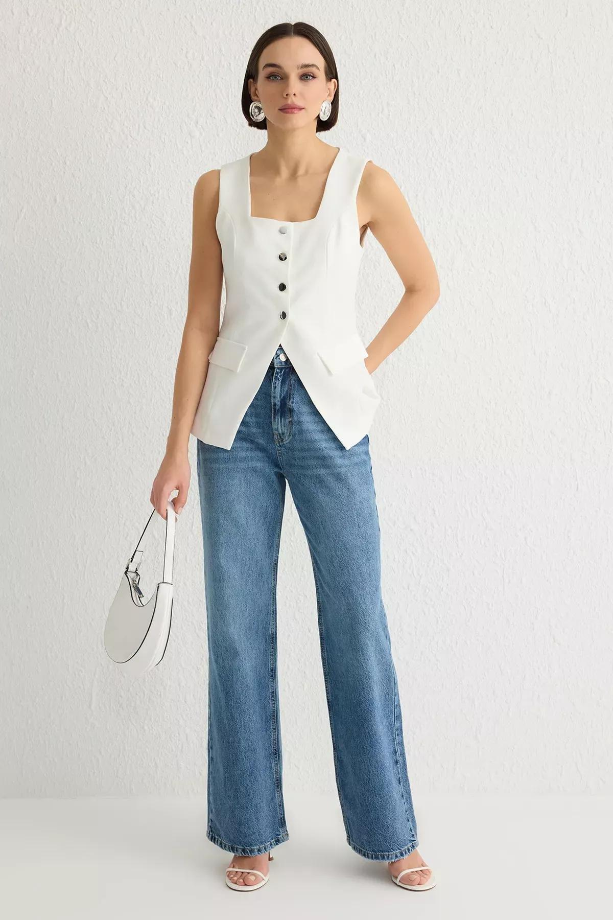 White Strappy Square Collar Woven Vest, White, medium