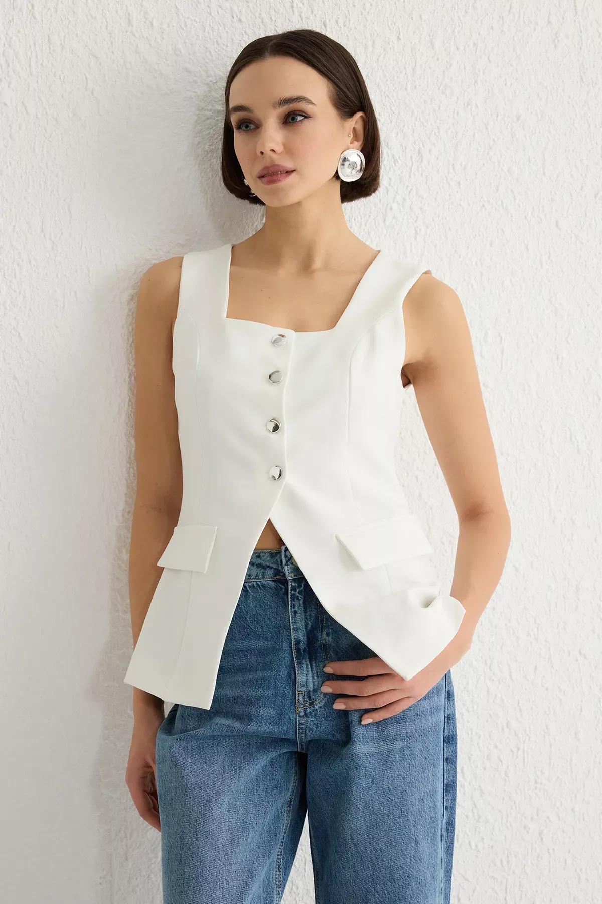 White Strappy Square Collar Woven Vest, White, large image number 1