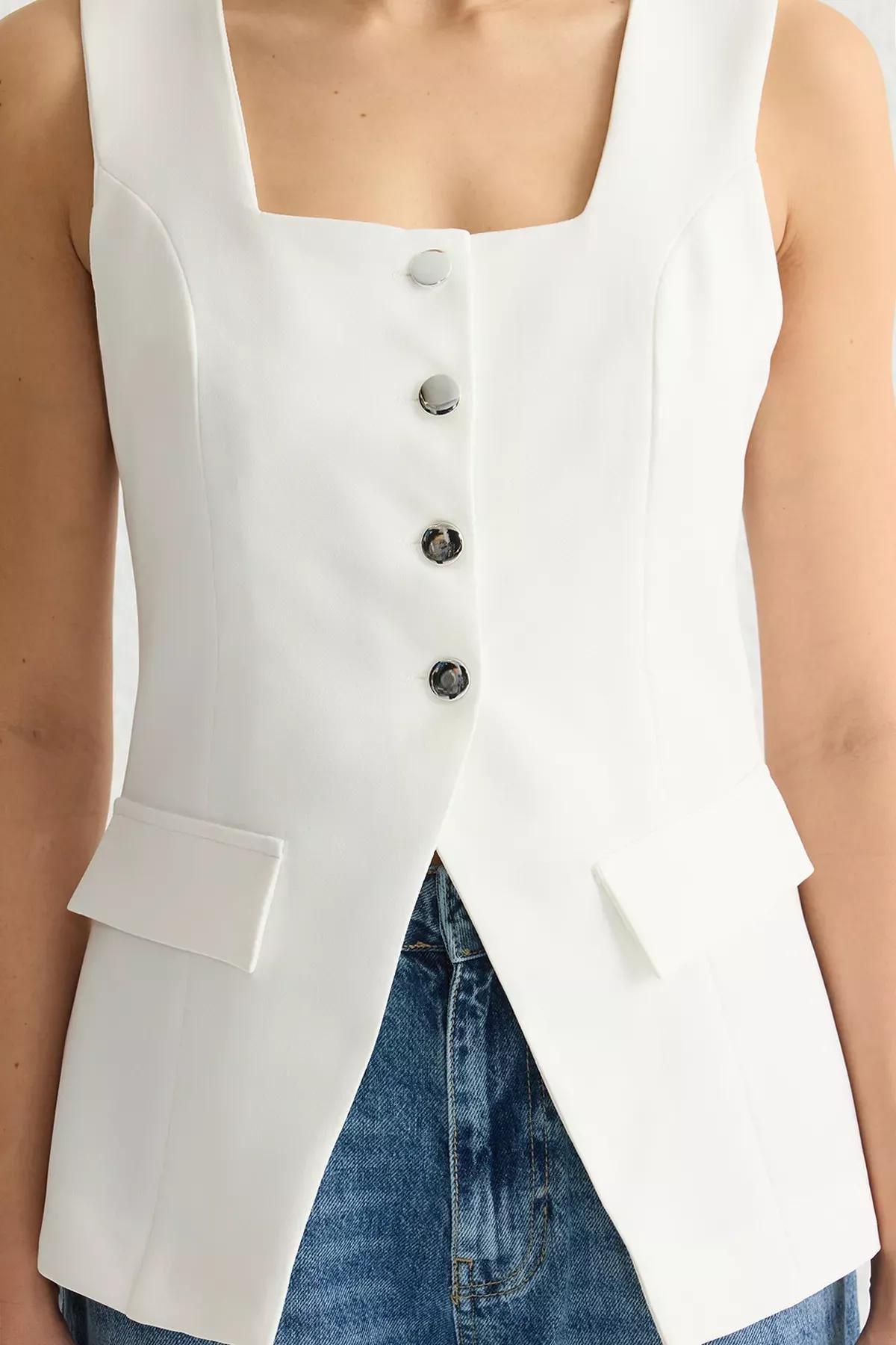 White Strappy Square Collar Woven Vest, White, large image number 2