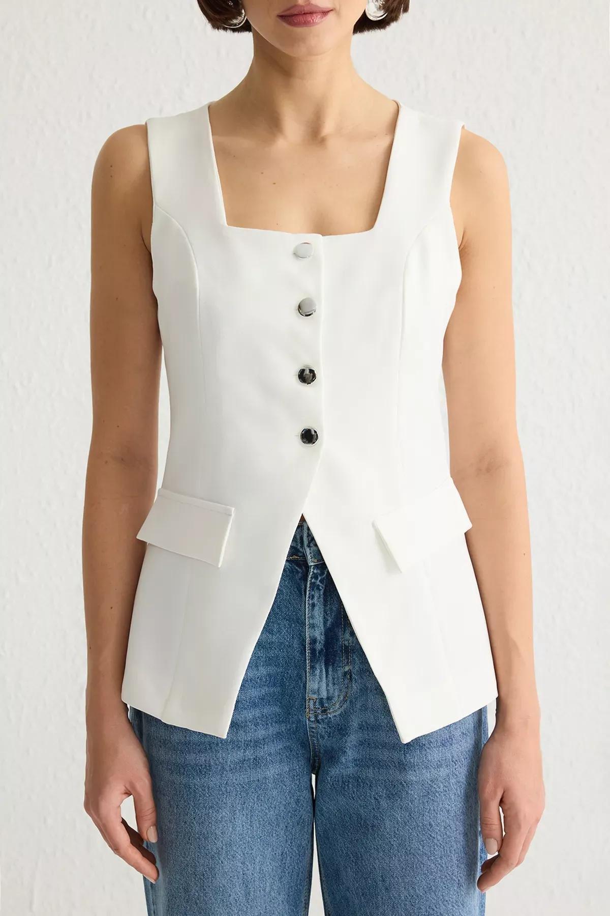 White Strappy Square Collar Woven Vest, White, large image number 3