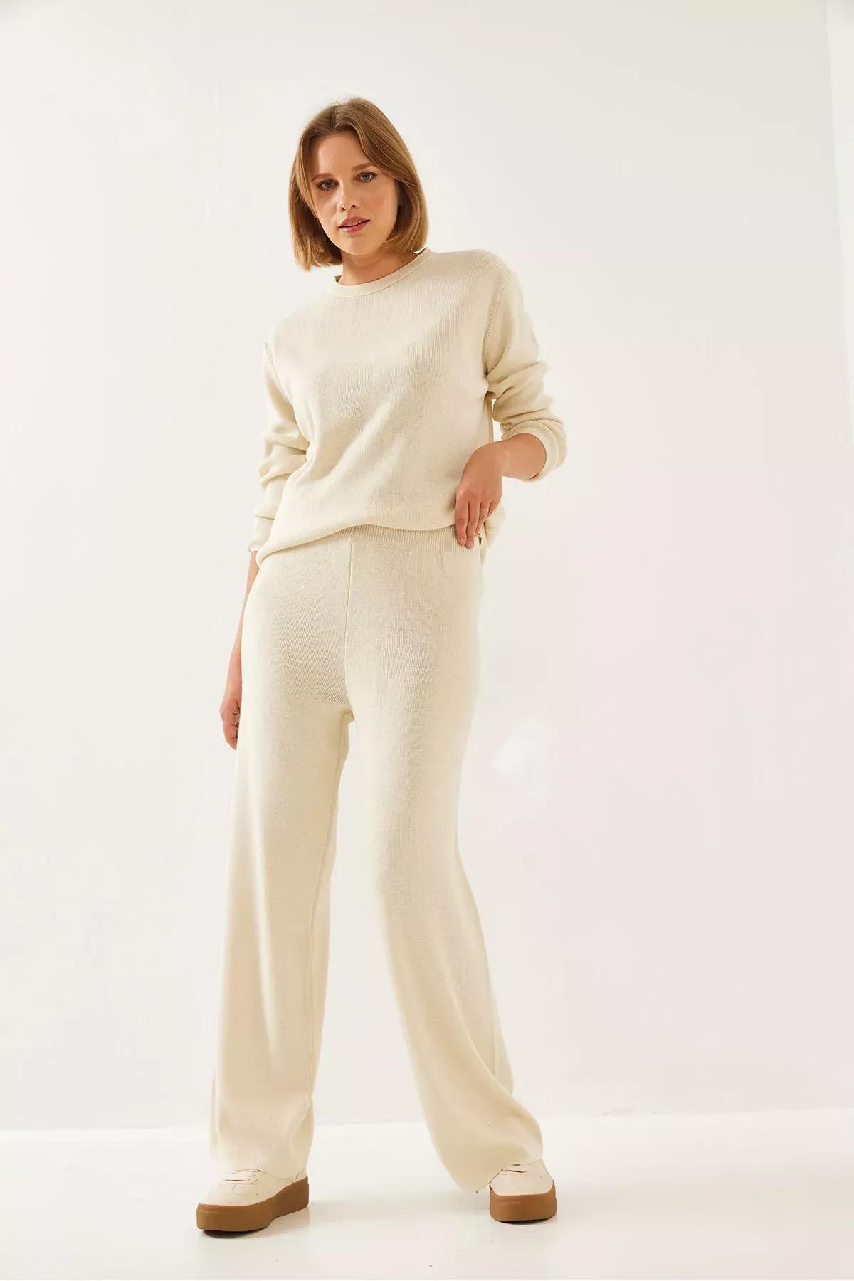 Cream Knitwear Bottom Top Set, Ecru, large image number 1