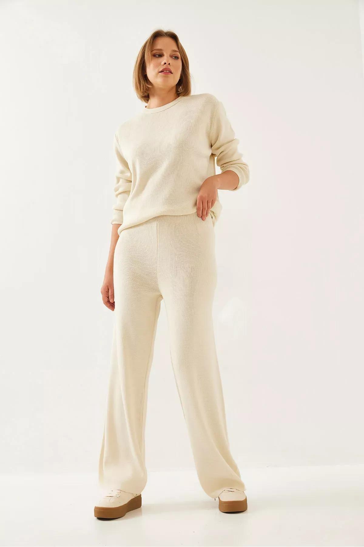 Cream Knitwear Bottom Top Set, Ecru, large image number 2