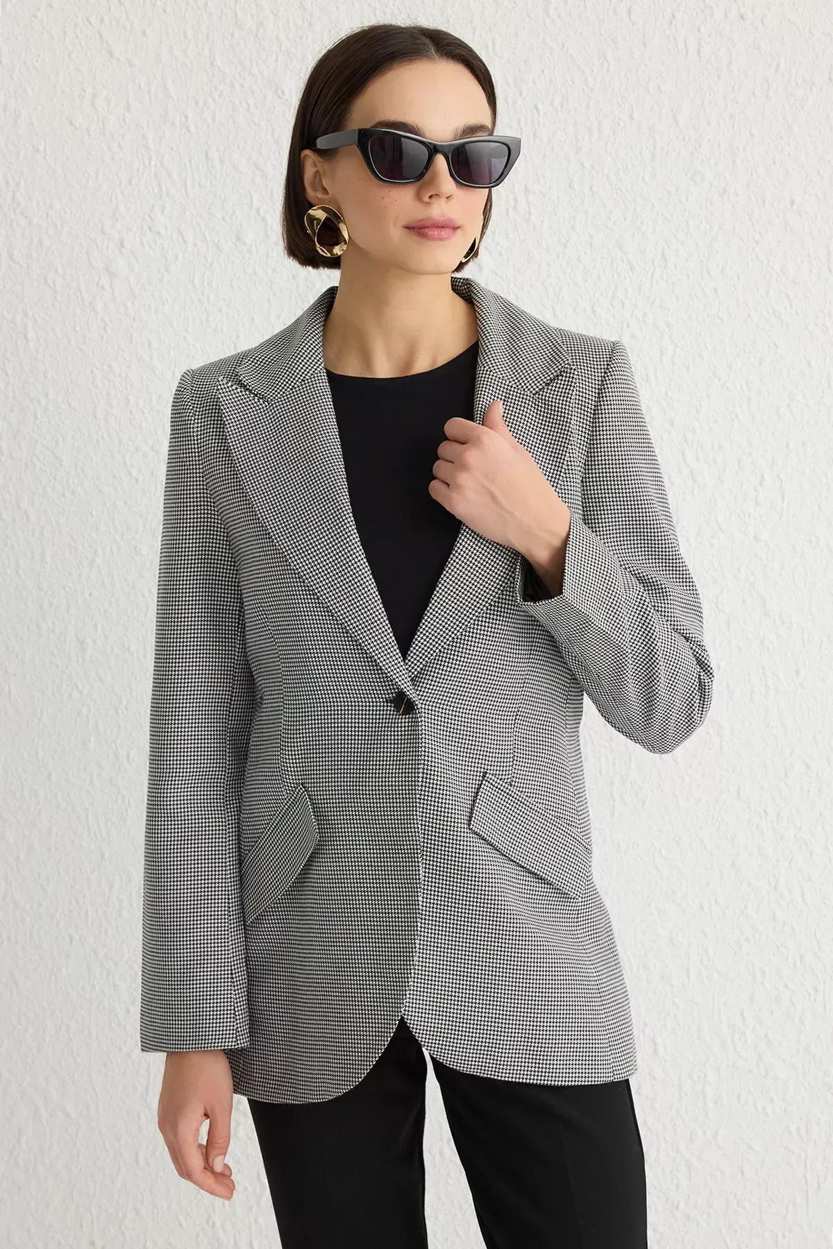 Black Houndstooth Fitted Blazer Jacket, , large image number 0