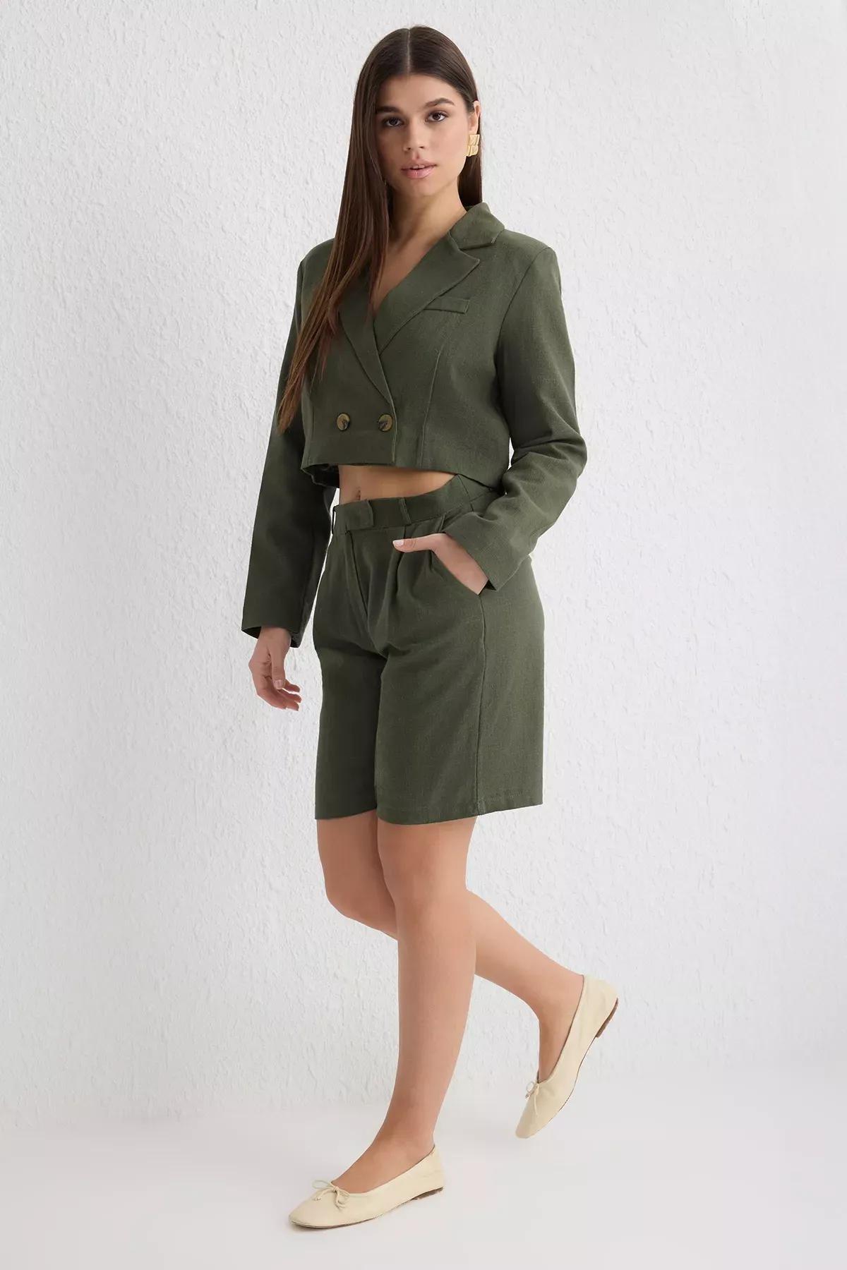 Green Linen Look Woven Bermuda Shorts, , large image number 0