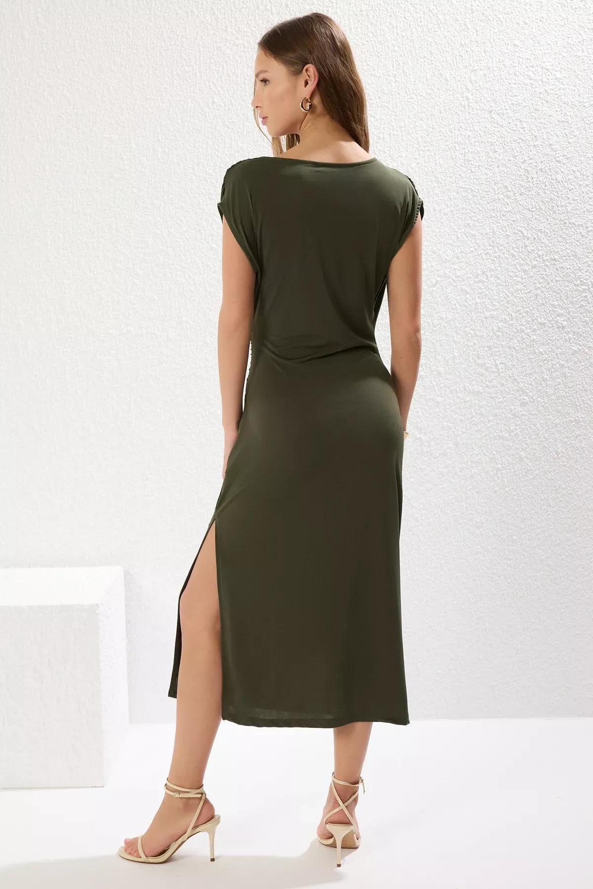 Khaki Gathered Detailed Double-Breasted Knitted Dress, Khaki, large image number 4