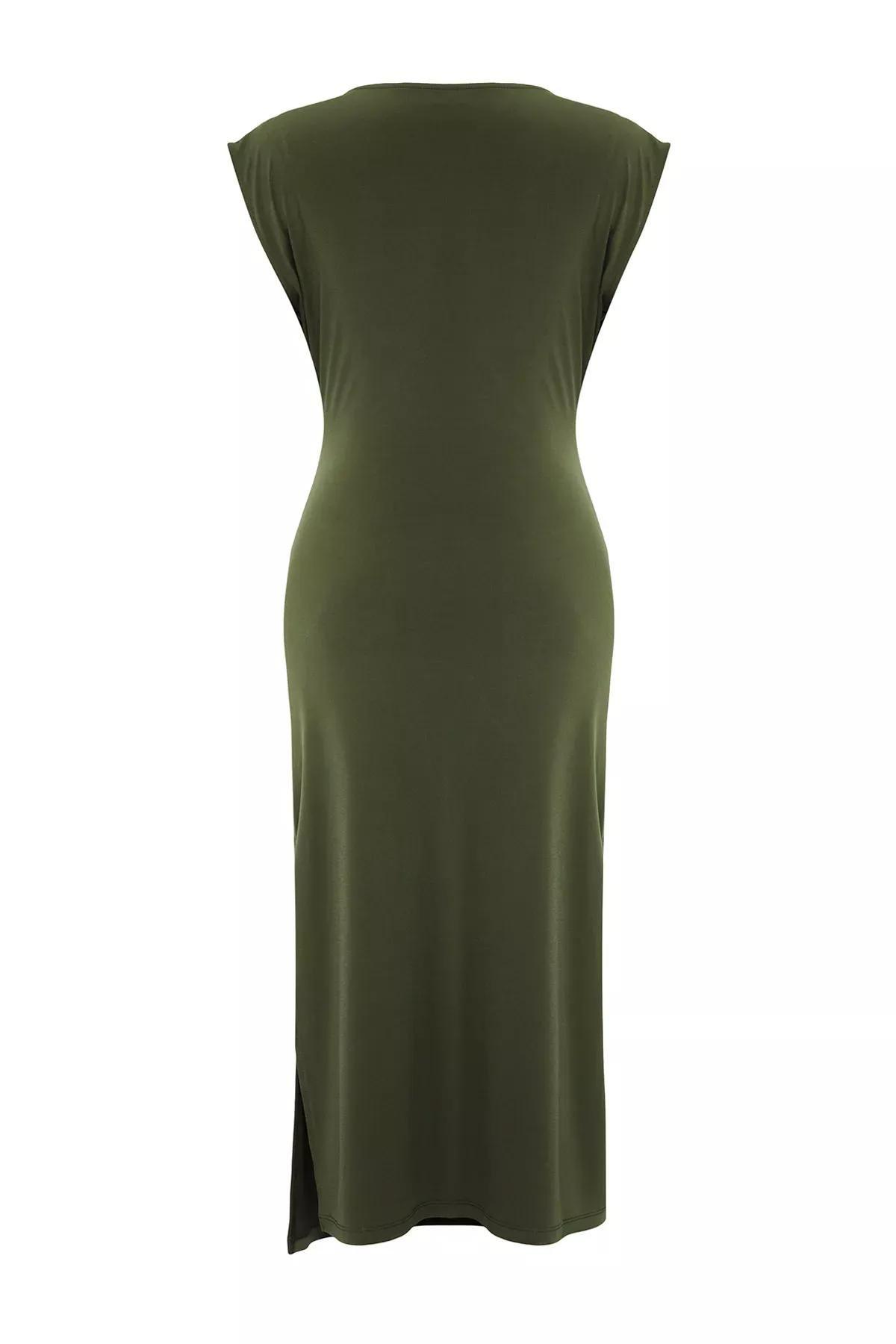 Khaki Gathered Detailed Double-Breasted Knitted Dress, Khaki, large image number 5