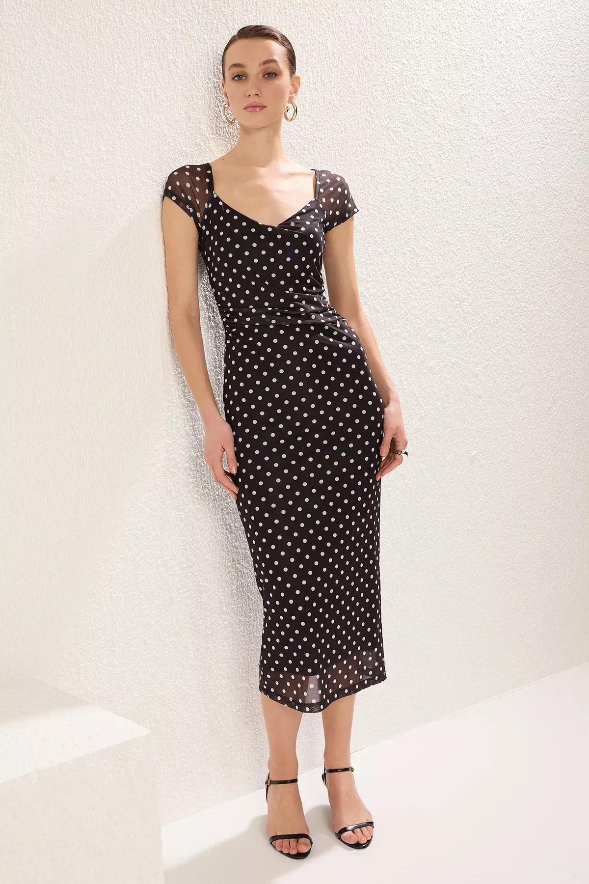 Black Polka Dot Bodycon Midi Knitted Dress, , large image number 0