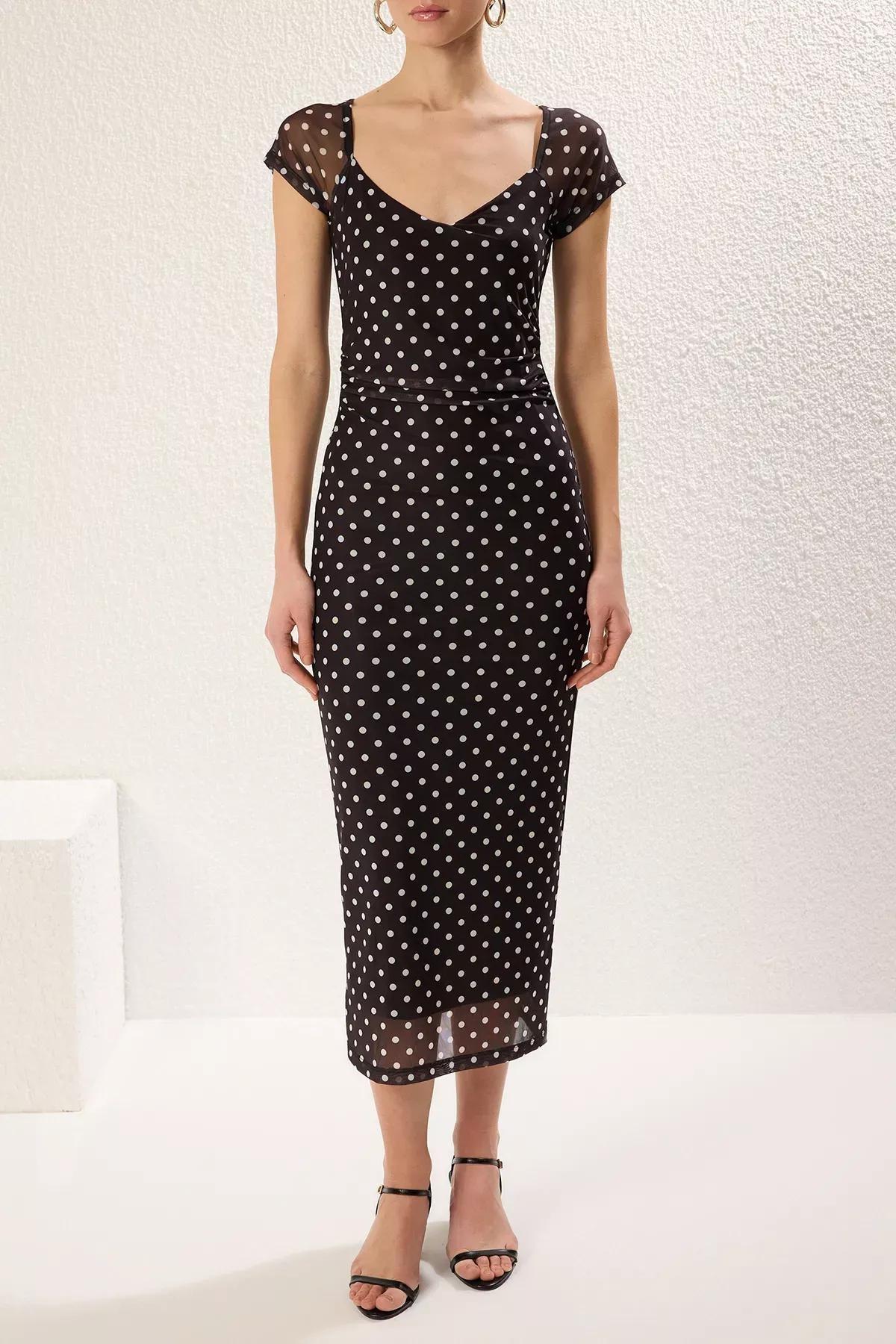 Black Polka Dot Bodycon Midi Knitted Dress, , large image number 2
