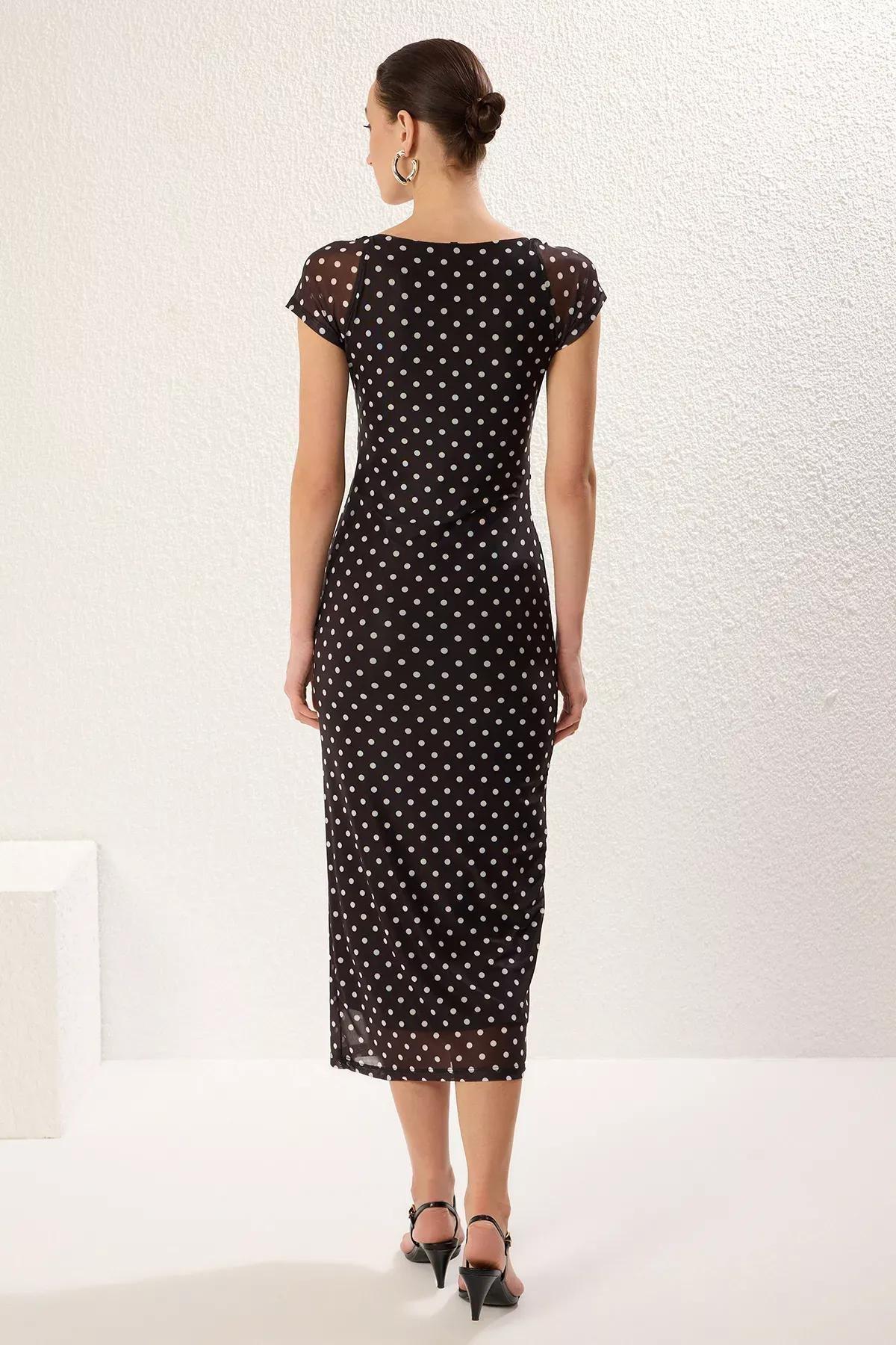 Black Polka Dot Bodycon Midi Knitted Dress, , large image number 4