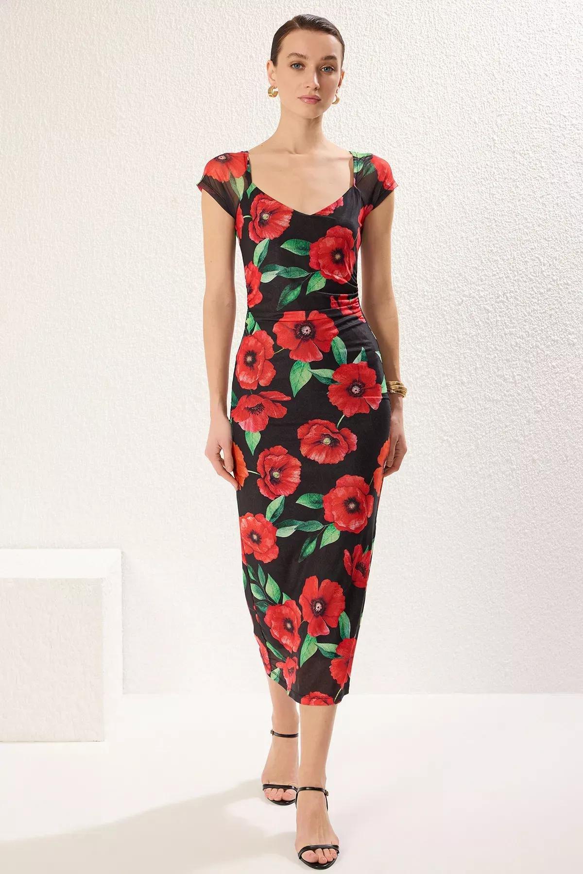 Black Floral Bodycon Midi Knit Dress, , large image number 1