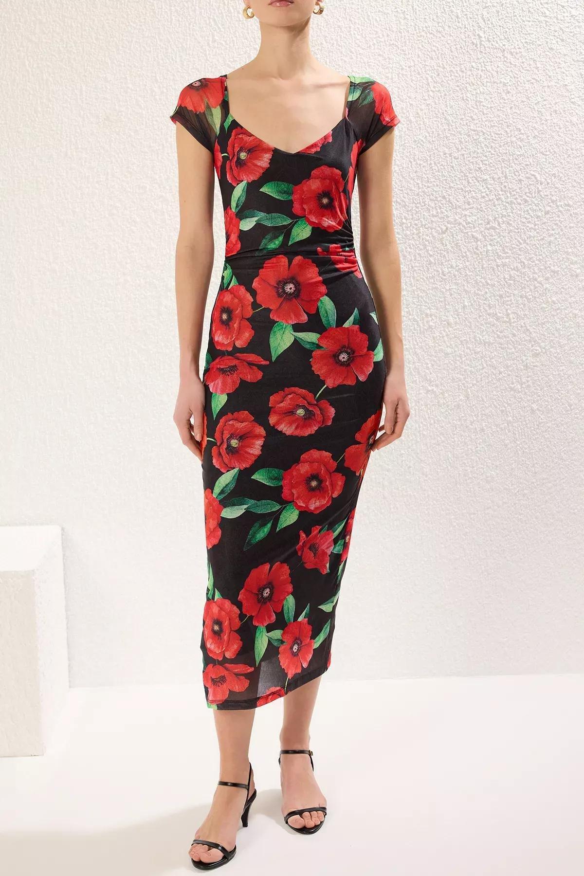 Black Floral Bodycon Midi Knit Dress, , large image number 2