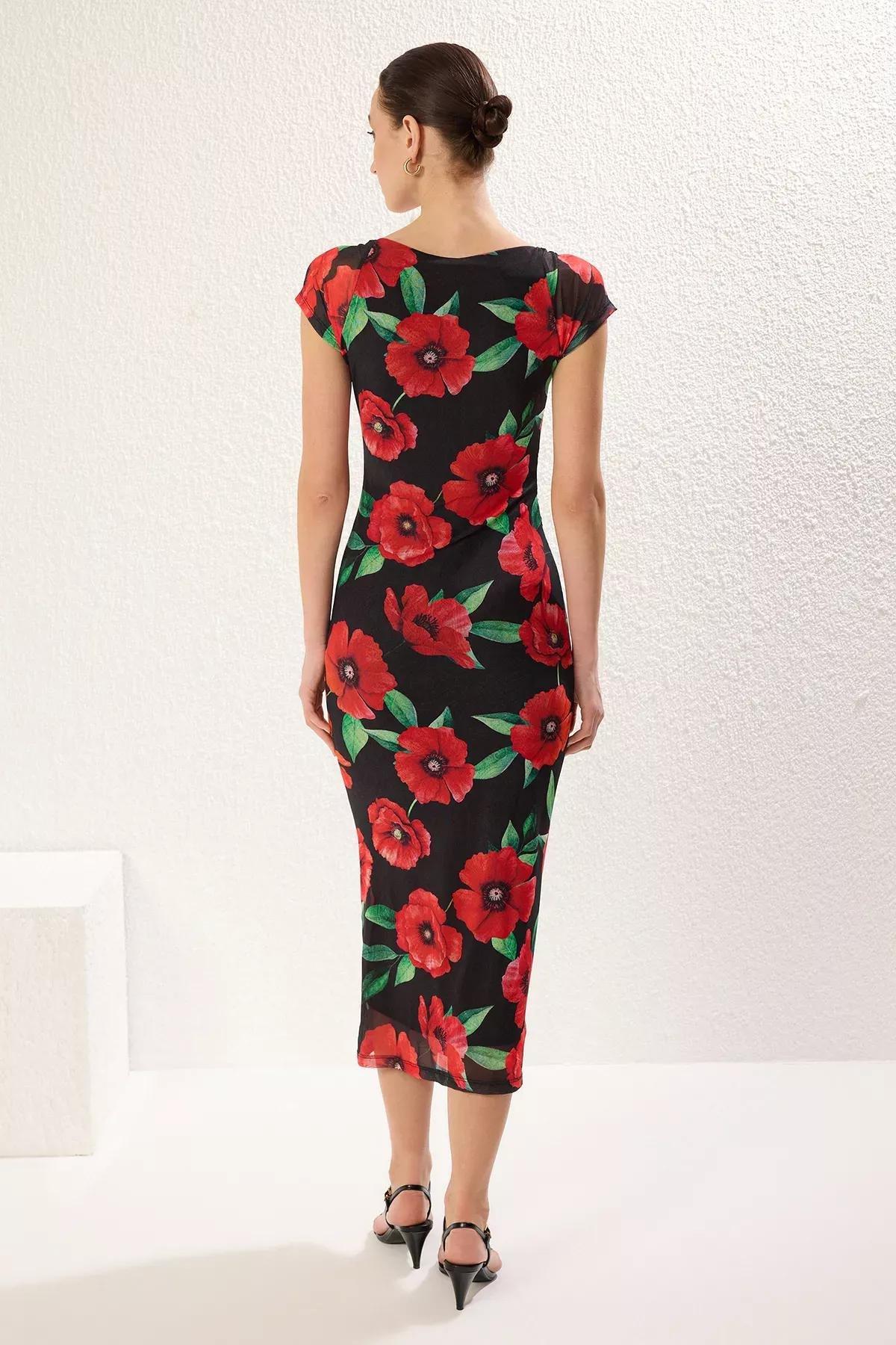 Black Floral Bodycon Midi Knit Dress, , large image number 4