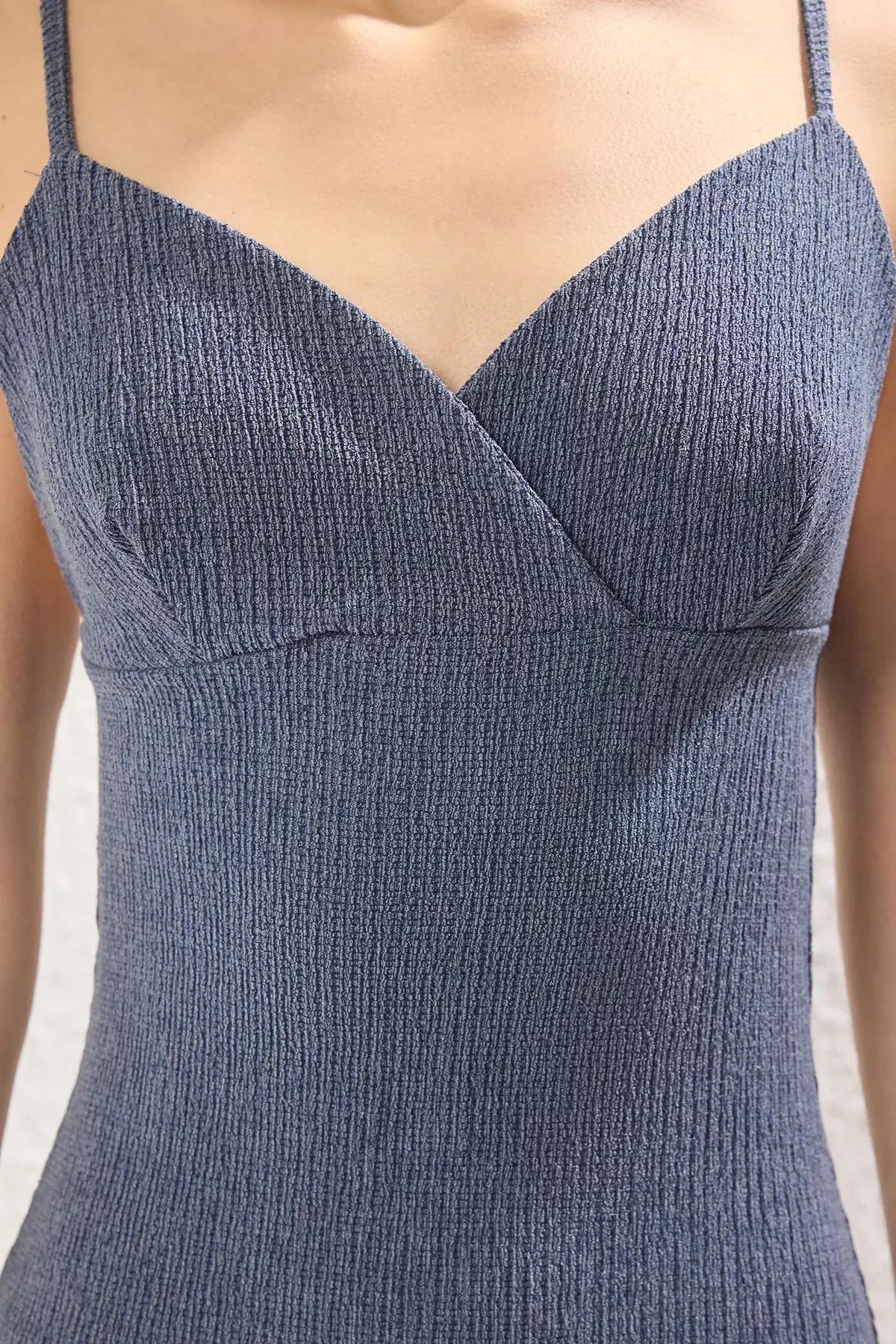 Blue Fitted Bodycon Strappy Midi Knit Dress, Indigo, large image number 3