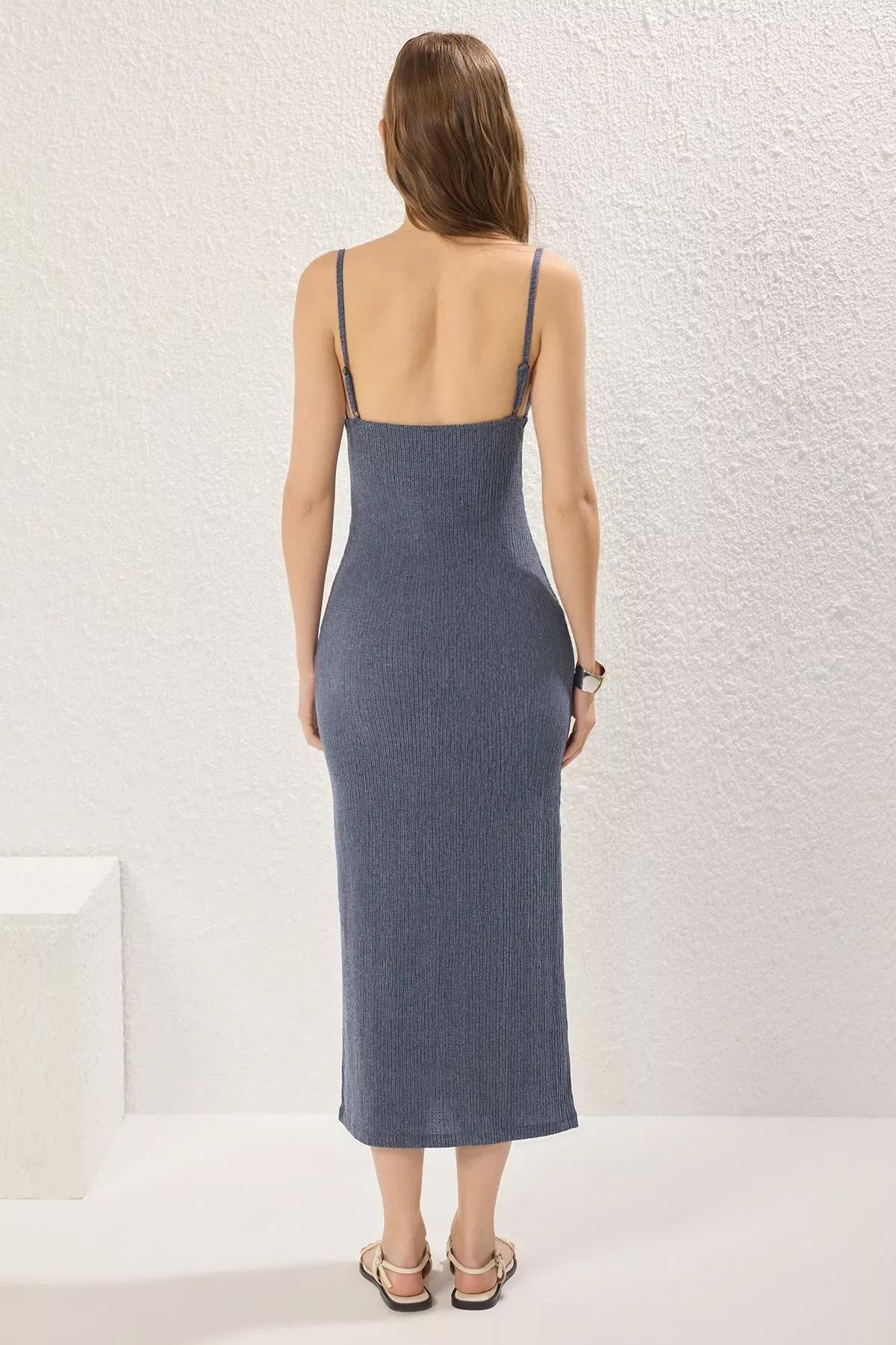 Blue Fitted Bodycon Strappy Midi Knit Dress, Indigo, large image number 4