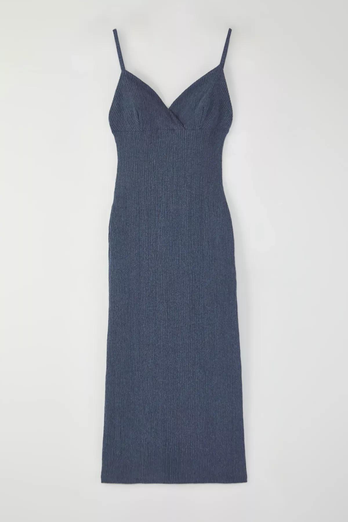 Blue Fitted Bodycon Strappy Midi Knit Dress, Indigo, large image number 5