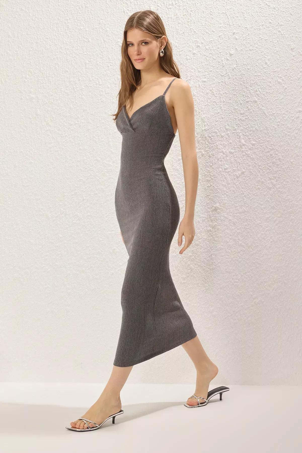 Grey Bodycon Strappy Midi Knit Dress, , large image number 1