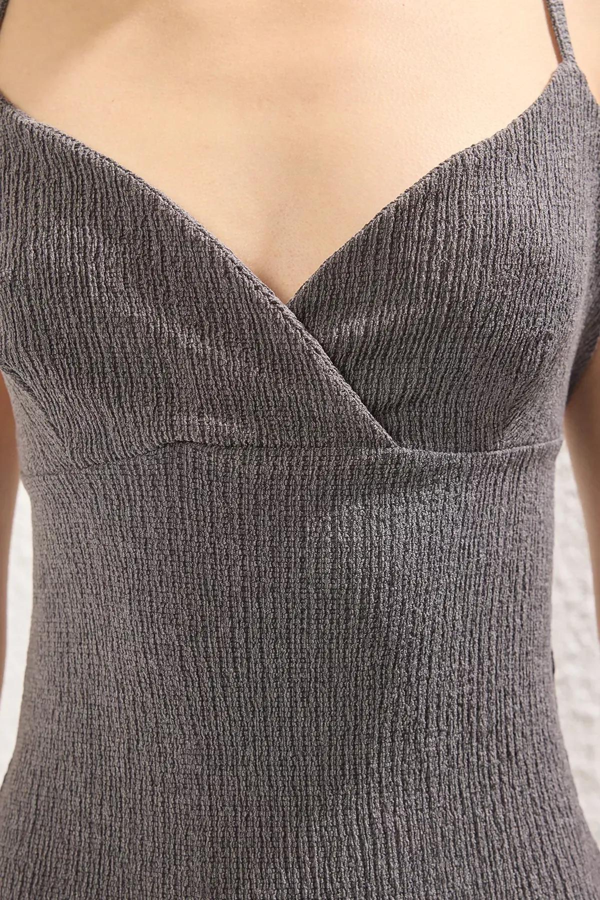 Grey Bodycon Strappy Midi Knit Dress, , large image number 2