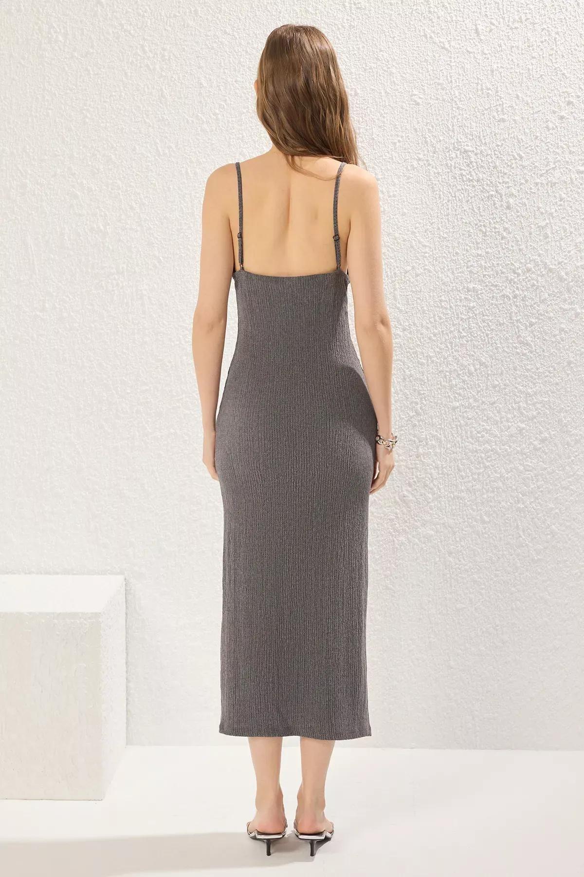 Grey Bodycon Strappy Midi Knit Dress, , large image number 3