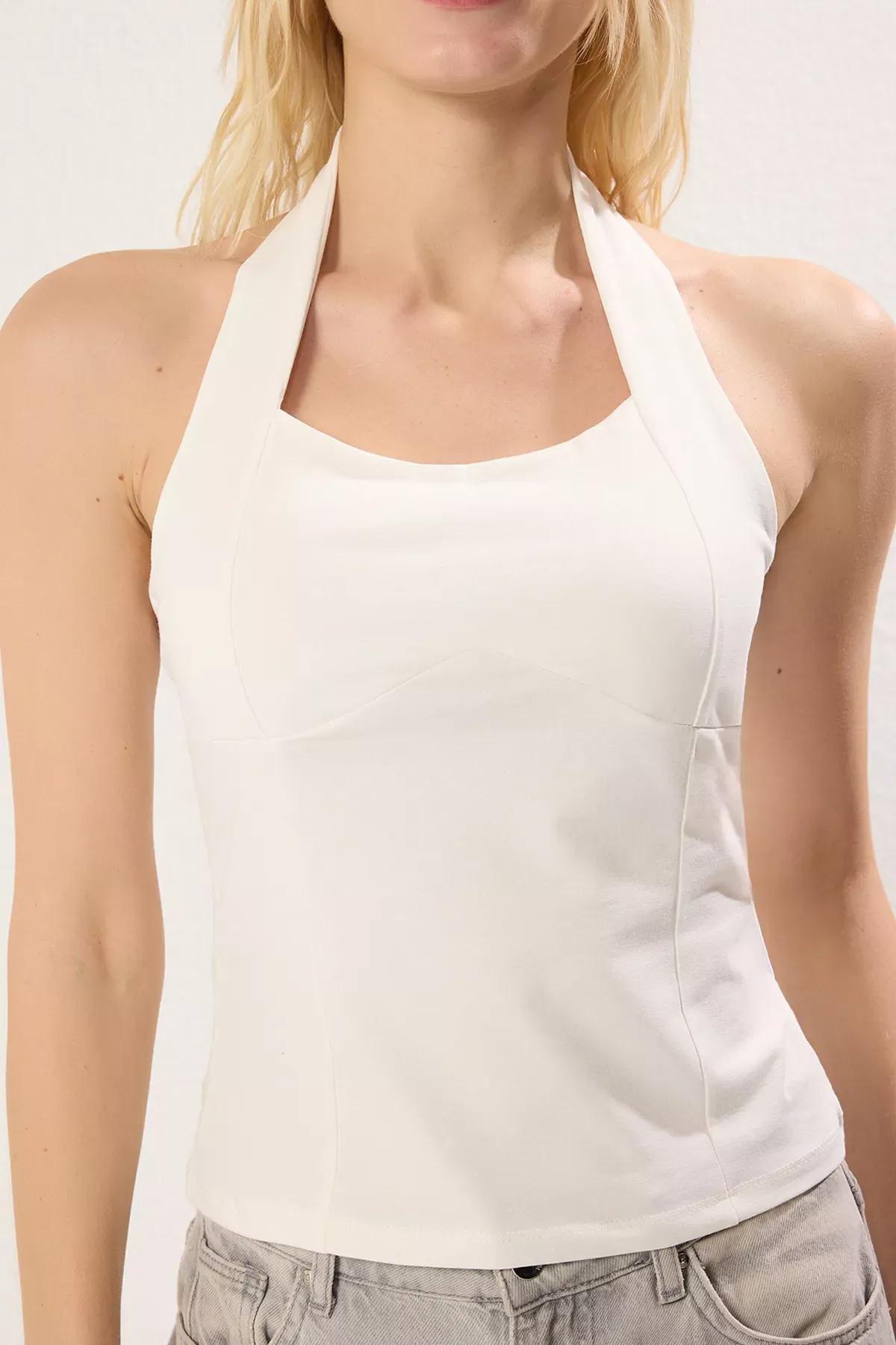 Beige Neck Tie Knitted Blouse, Ecru, large image number 3