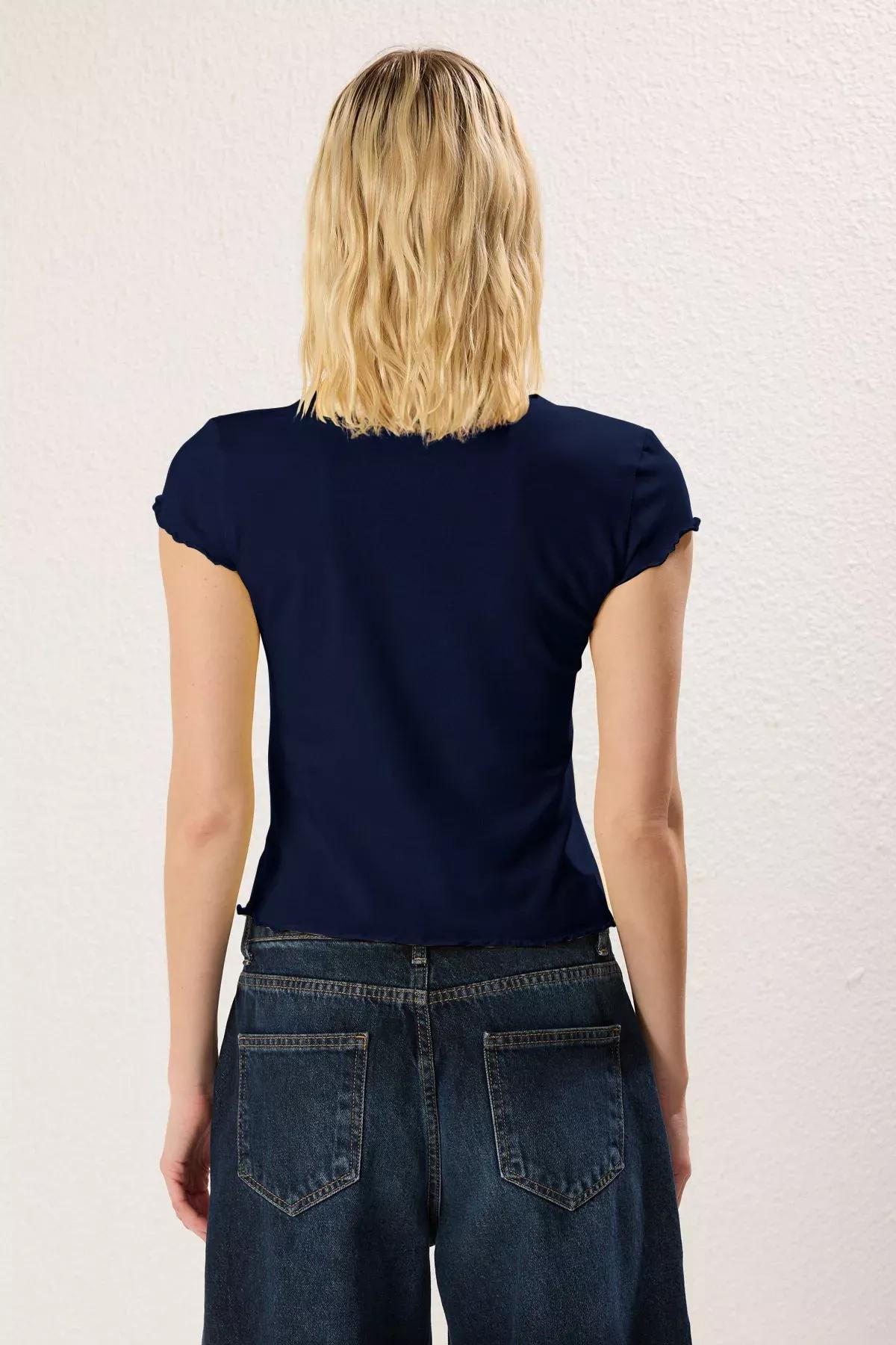 Blue Fitted Crop T-Shirt, Navy blue, large image number 4