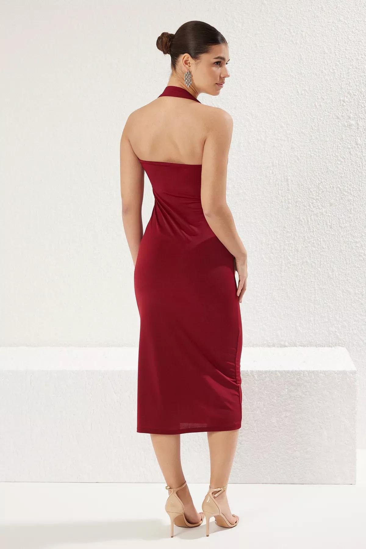 Red Accessory Detailed Fitted Knitted Dress, C101_7277, large image number 5