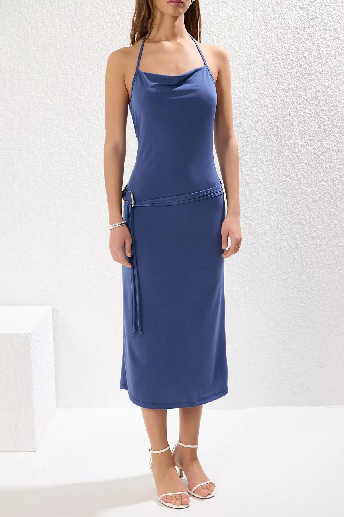Navy Plain Accessory Detail Midi Knitting Dress, Indigo, large image number 3