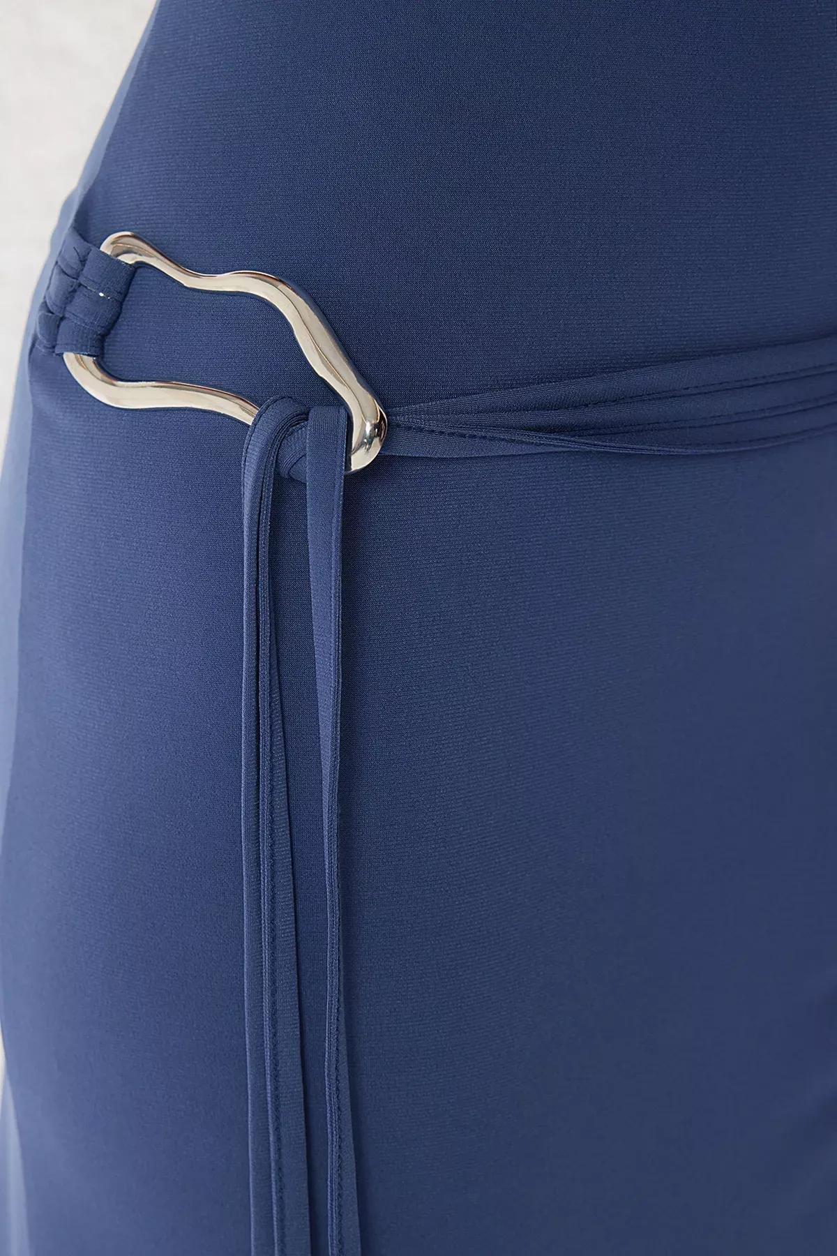 Navy Plain Accessory Detail Midi Knitting Dress, Indigo, large image number 4