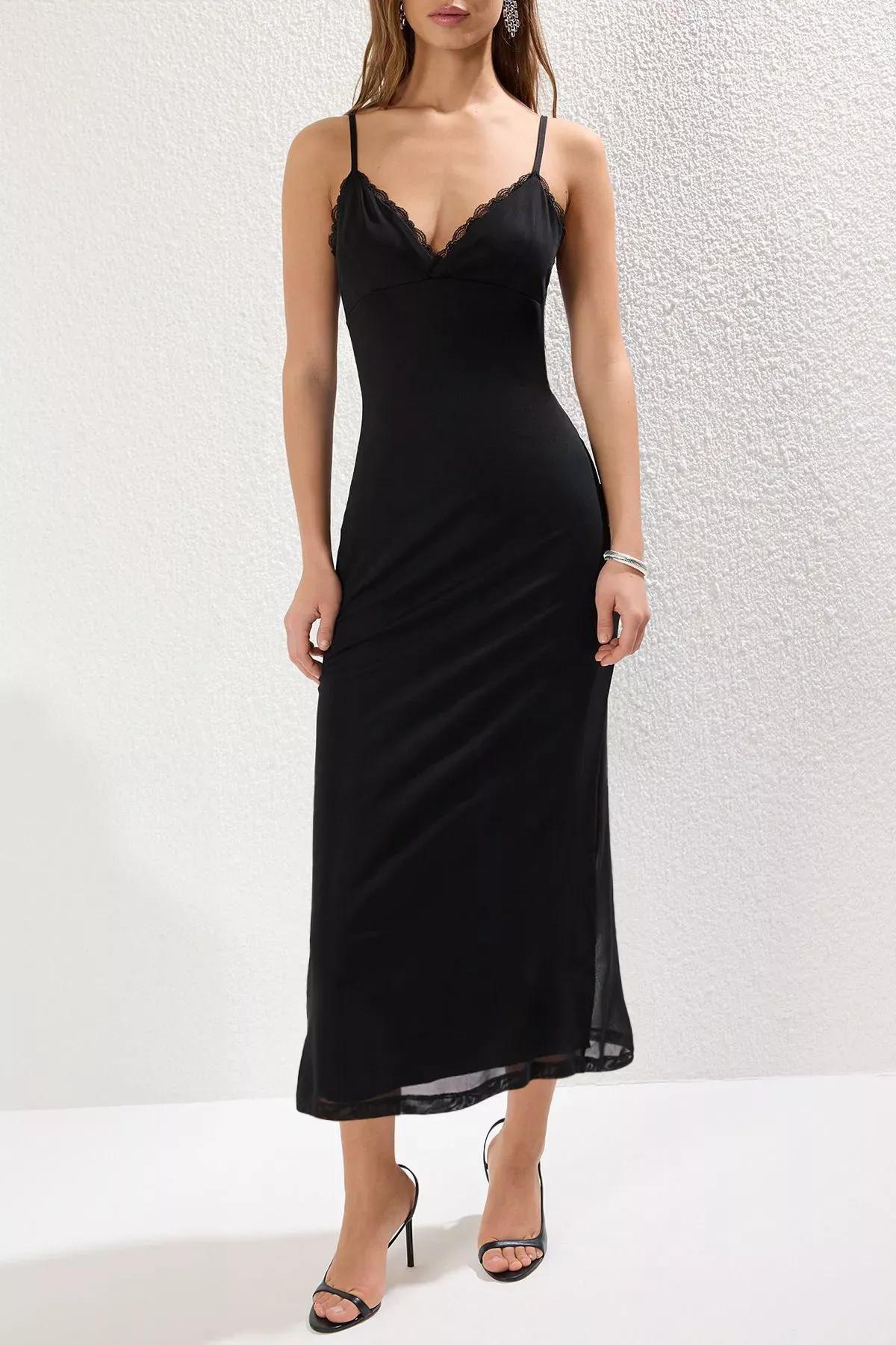 Black Tulle Lace Detailed Tulle Knit Dress, , large image number 2