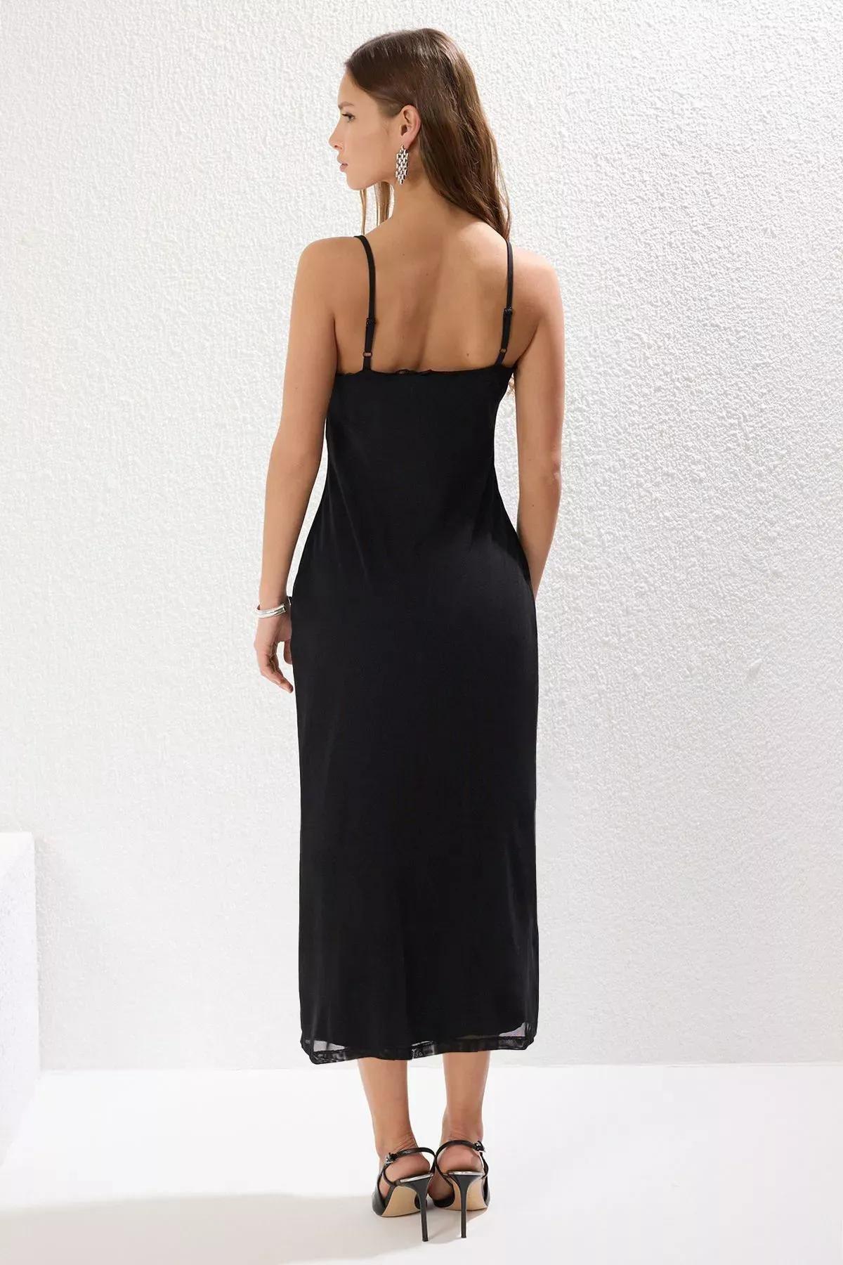 Black Tulle Lace Detailed Tulle Knit Dress, , large image number 4