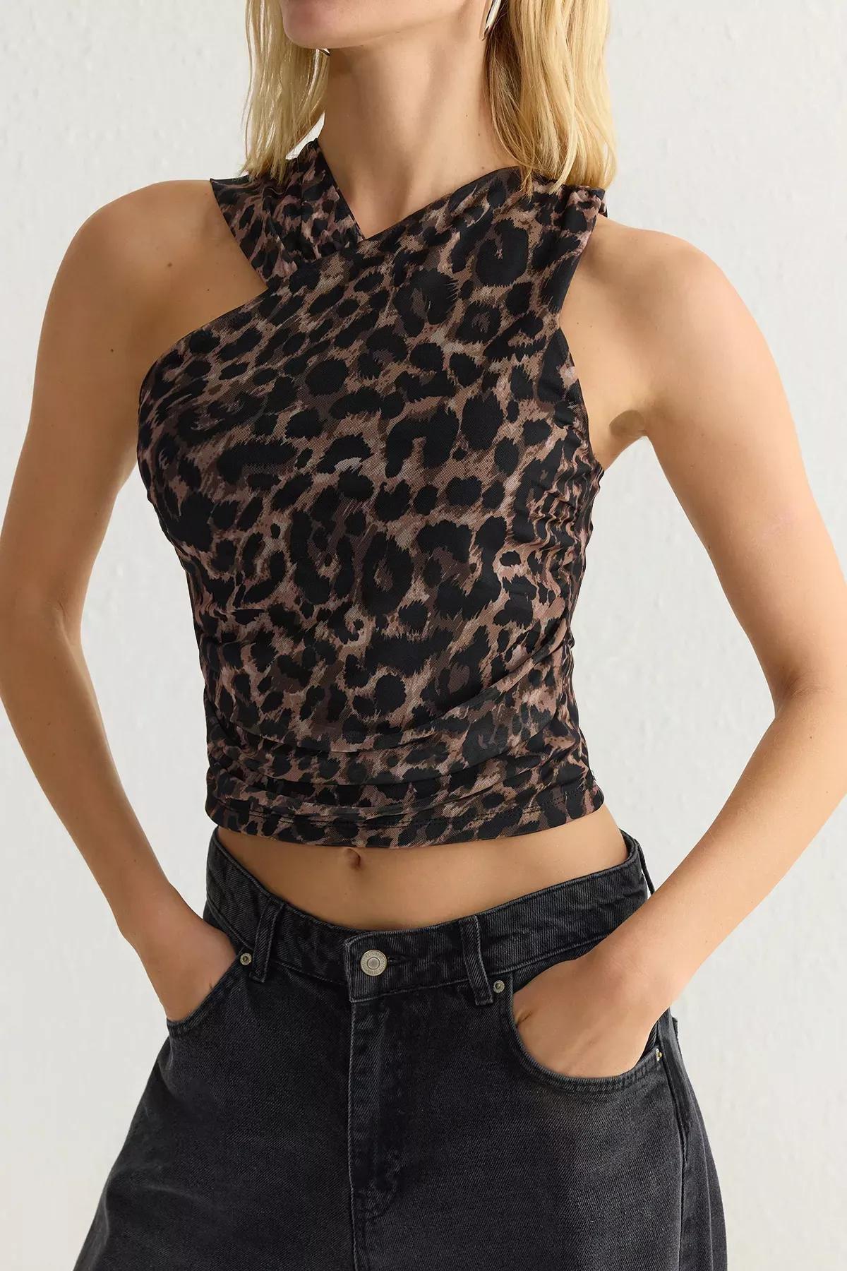 Brown Asymmetrical Collar Knitted Blouse, C101_7382, large image number 3